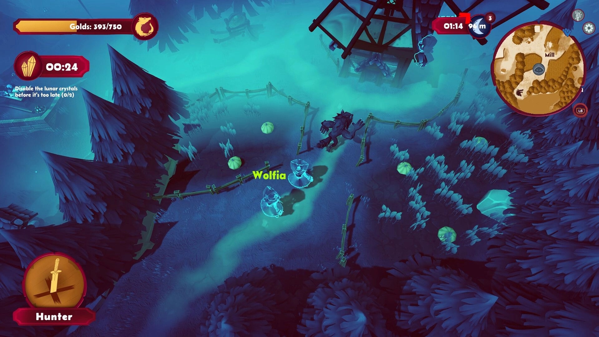 Redhowl: Hunter chases ghostly Wolfia near fences and crystals in a misty forest with minimap UI.