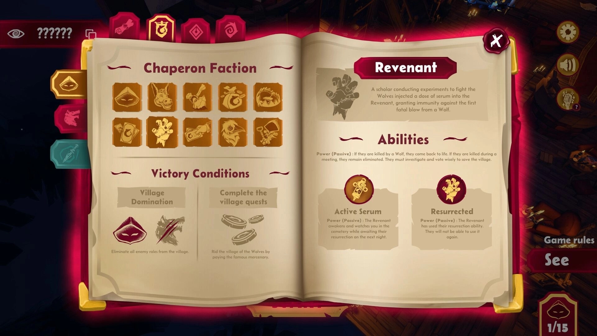 Redhowl: Role book UI open on Revenant abilities and Chaperon faction icons in parchment menu.