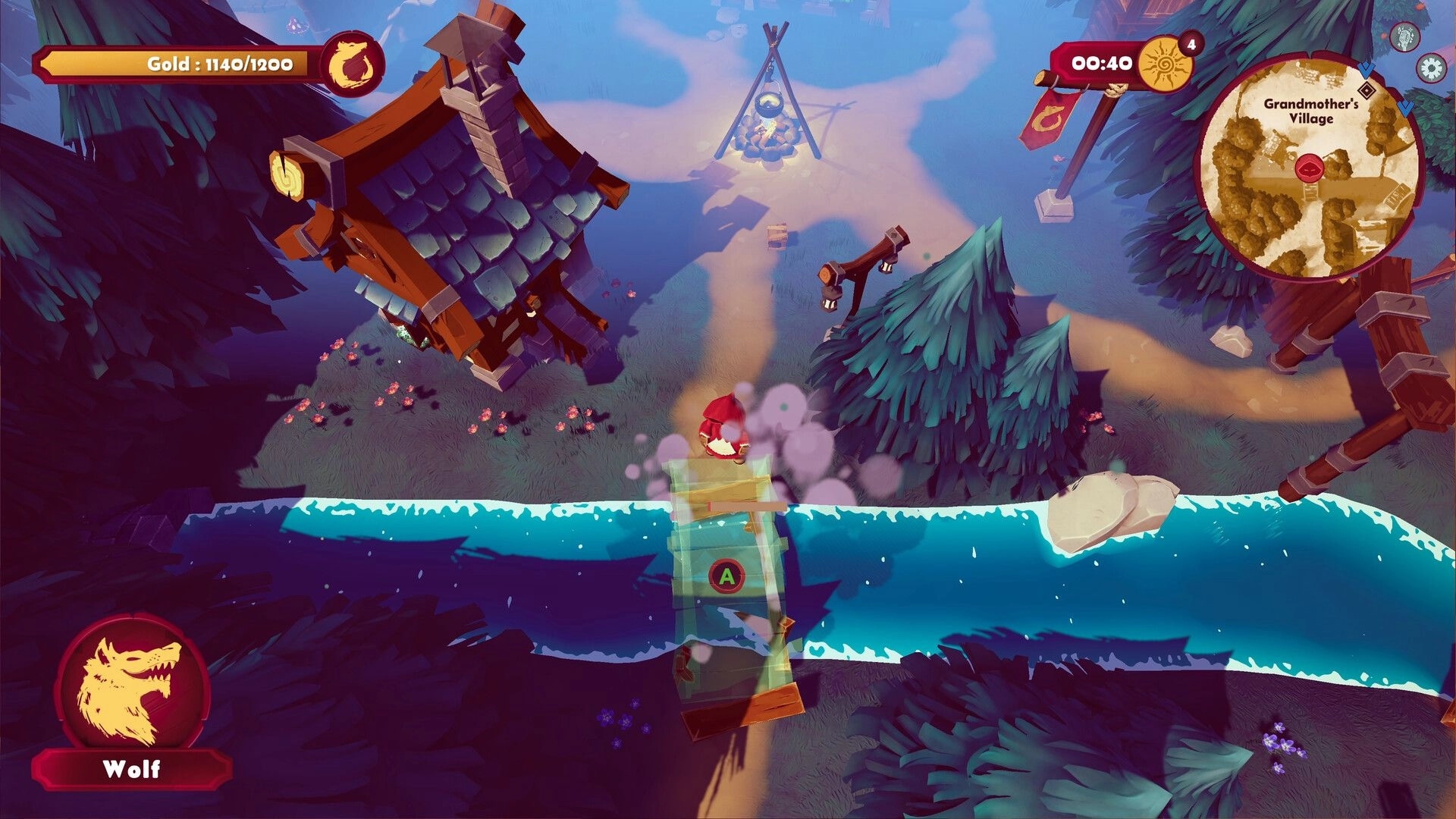 Redhowl: Wolf character crossing a bridge with A prompt in Grandmother's Village forest, gold UI and timer.
