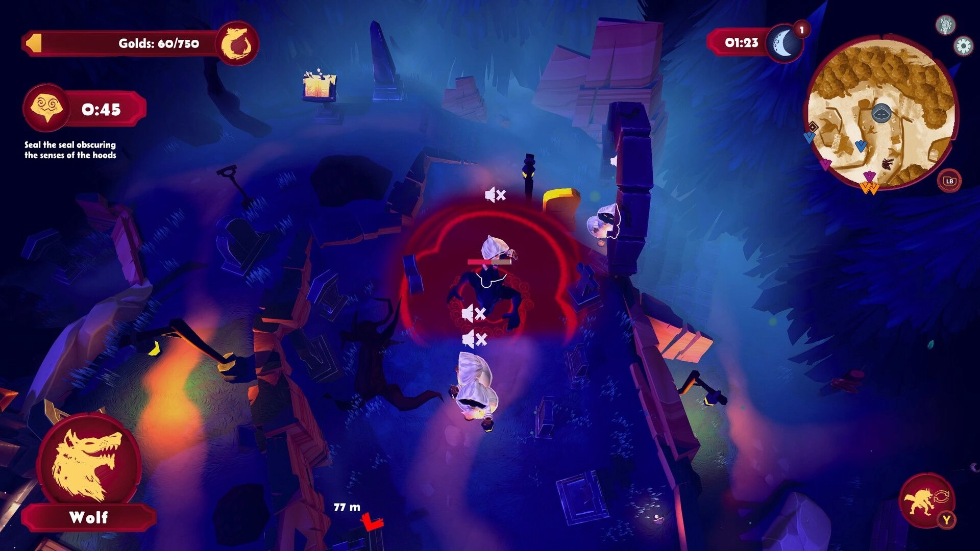 Redhowl: Wolf stalks hooded players in foggy graveyard ruins with minimap, gold counter, timer UI.