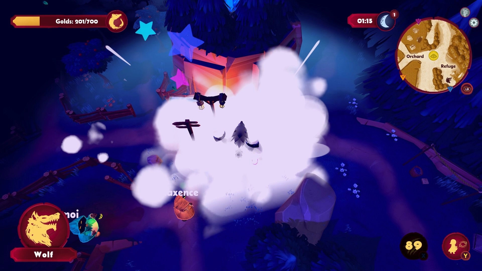 Redhowl: Wolf triggers a smoke blast by a cabin in moonlit woods, with timer and mini-map UI visible.