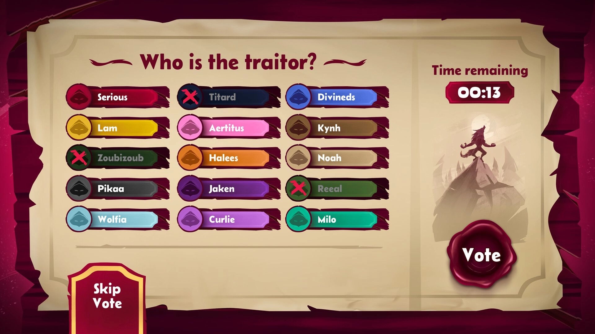 Redhowl: Voting screen asks "Who is the traitor?" with player list, timer, and Vote button UI.
