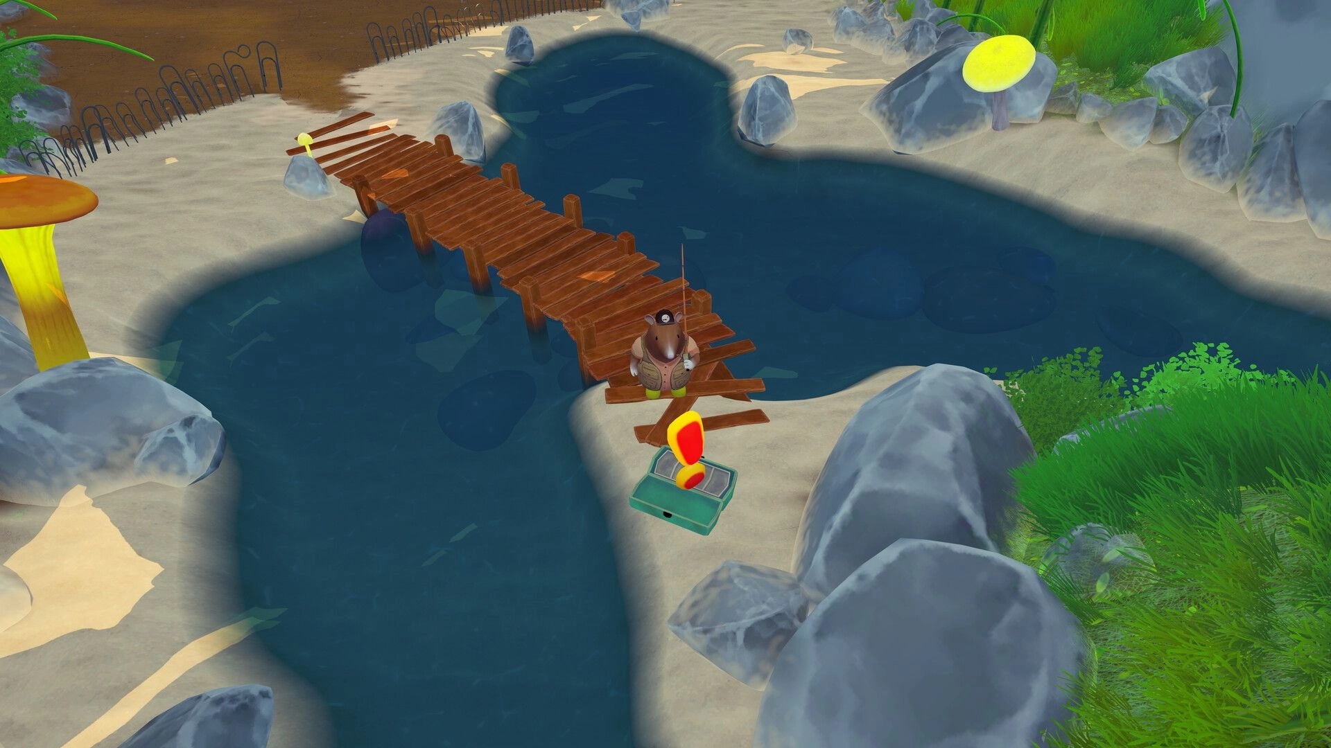 Reel Tiny: The Shrew stands by a tackle box on a wooden bridge over a rocky creek pool.