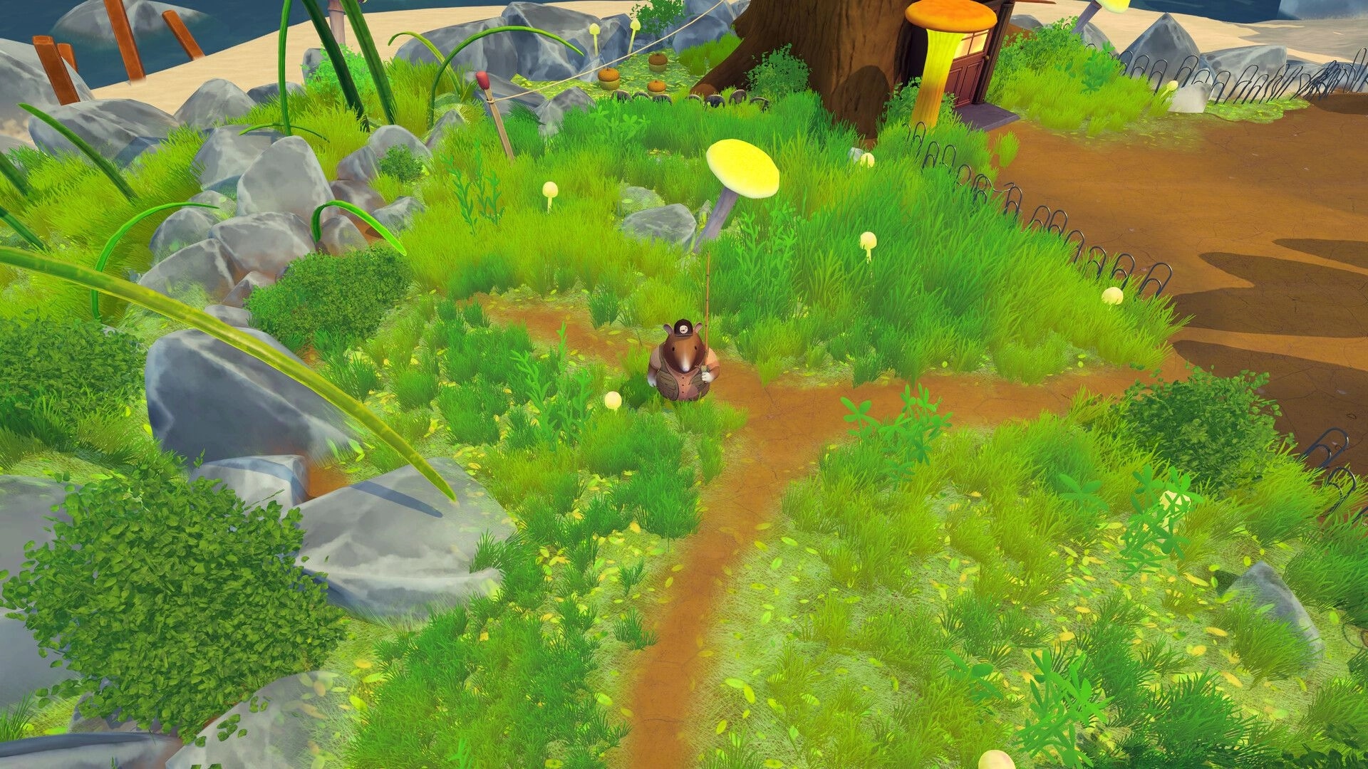 Reel Tiny: The Shrew stands on a dirt path holding a fishing rod in grassy creekside clearing.