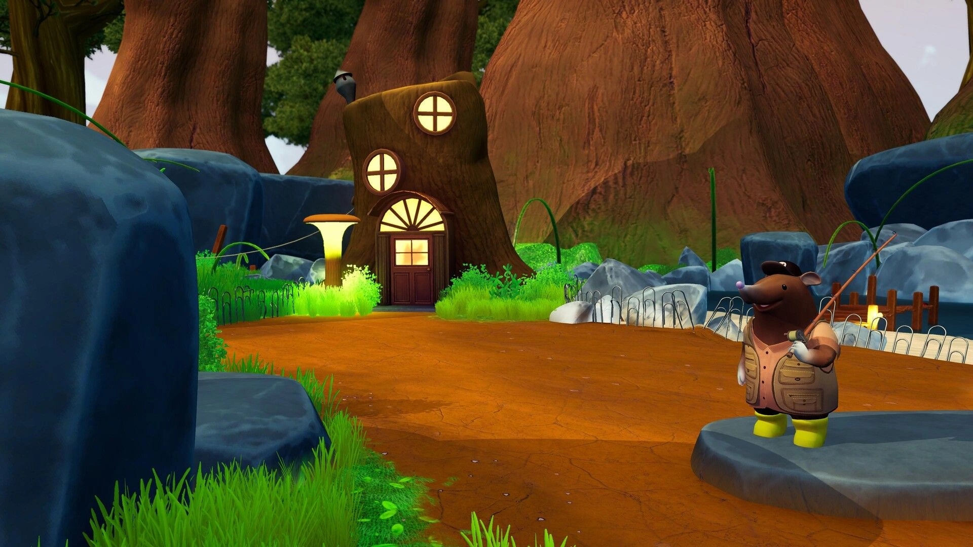 Reel Tiny: Shrew angler holding a fishing rod beside a stump house in a rocky forest clearing.