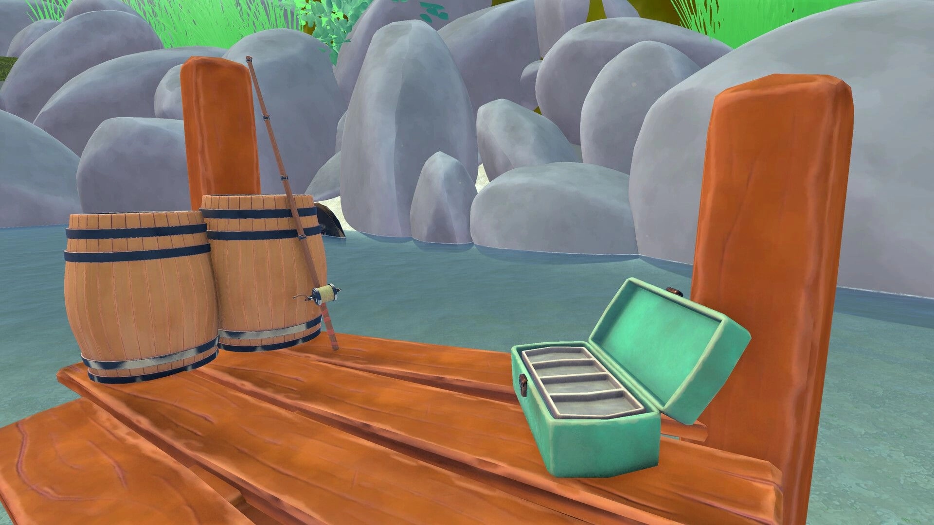 Reel Tiny: Fishing rod beside barrels and open tackle box on wooden dock by rocky creek waters.