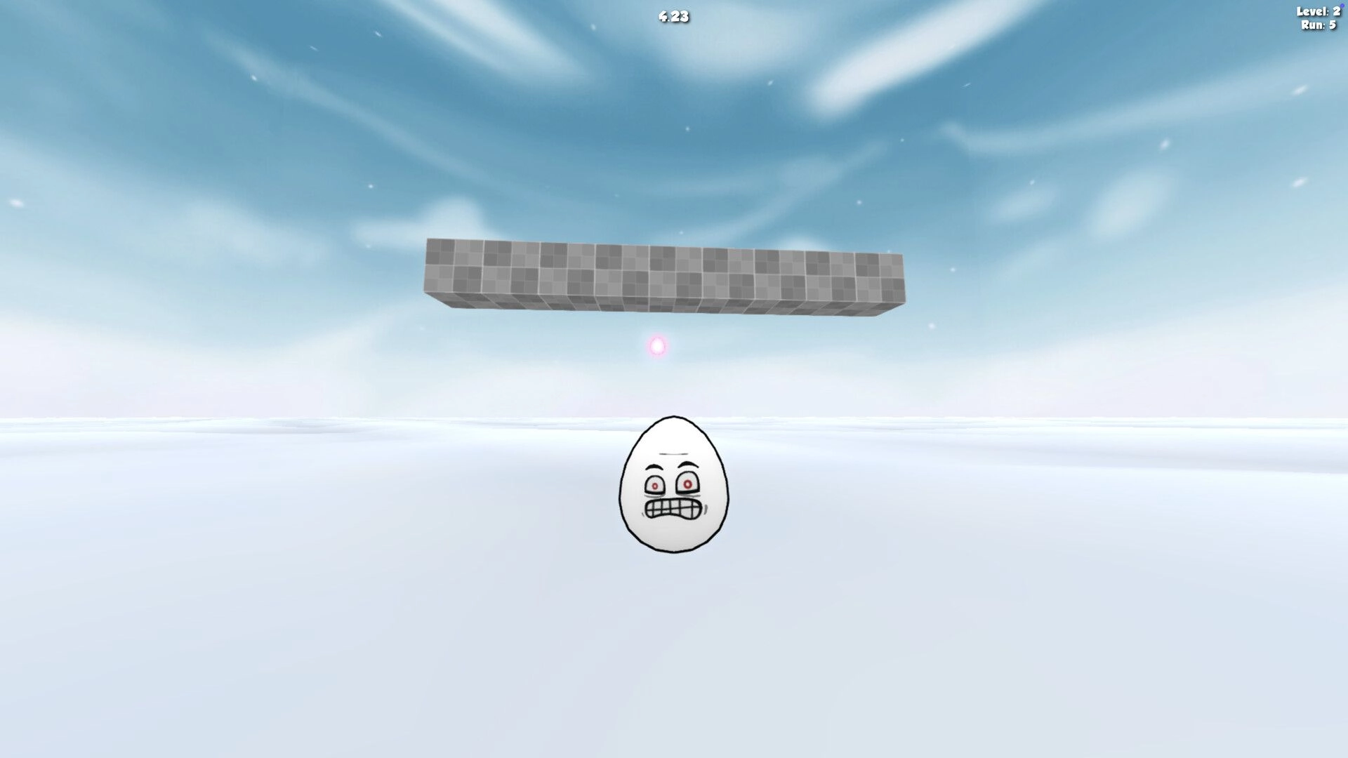 Reflex Run: Frightened egg navigating under floating block in snowy landscape with blue sky