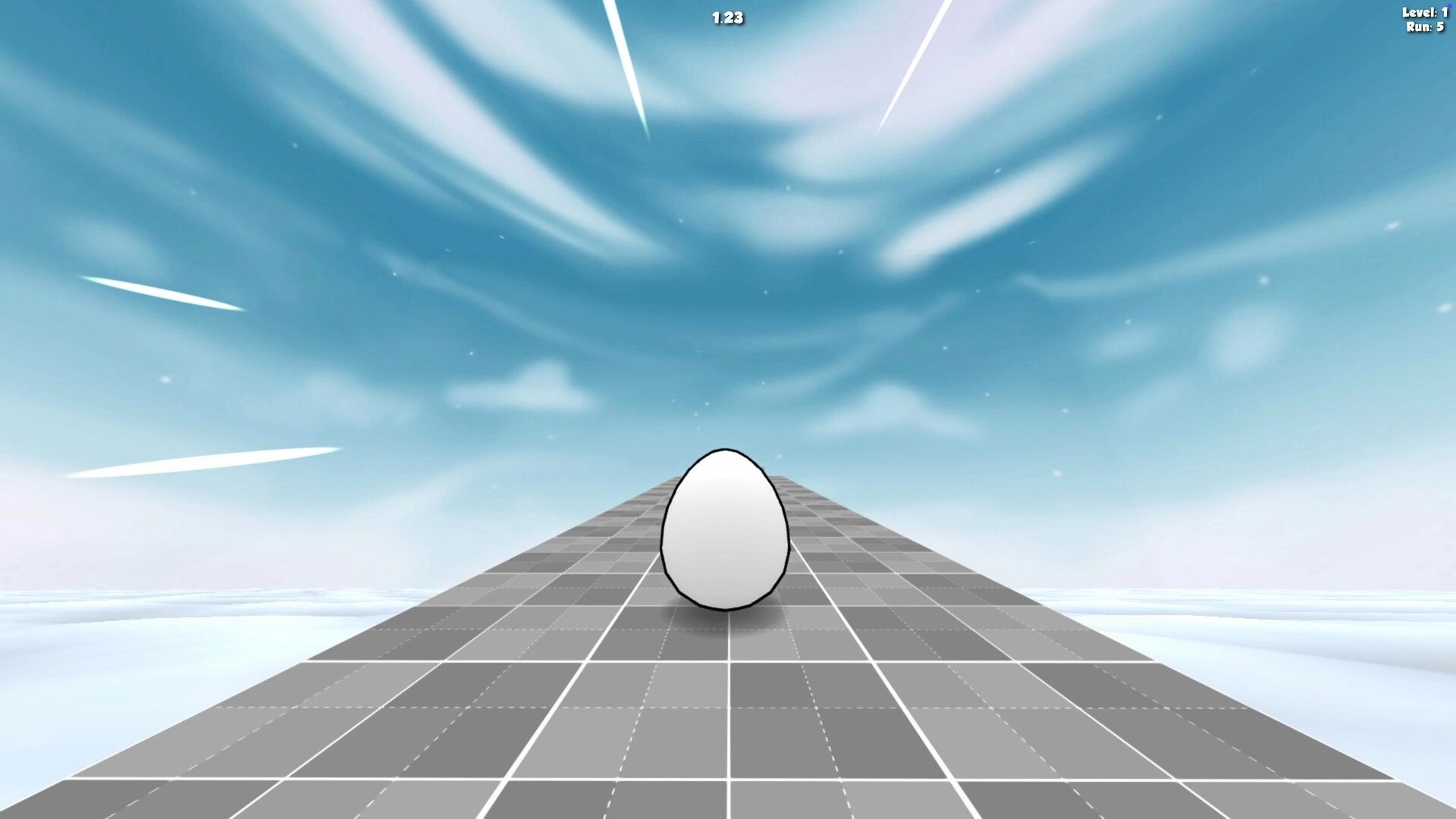 Reflex Run: Egg rolls on tiled path under clear blue sky with level and run stats in corners.