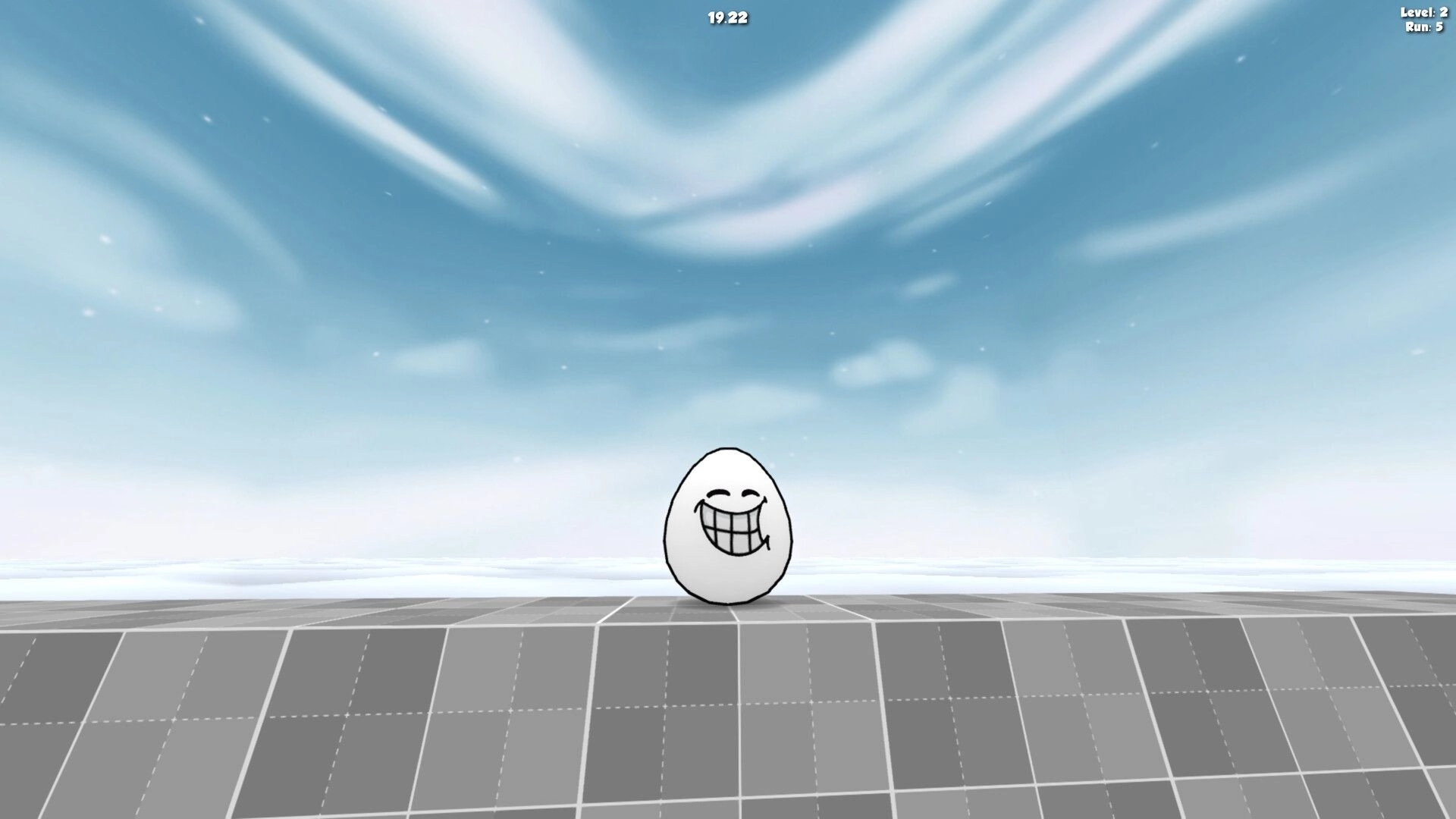 Reflex Run: Grinning egg character on a tiled platform beneath a cloudy sky with level and run stats.
