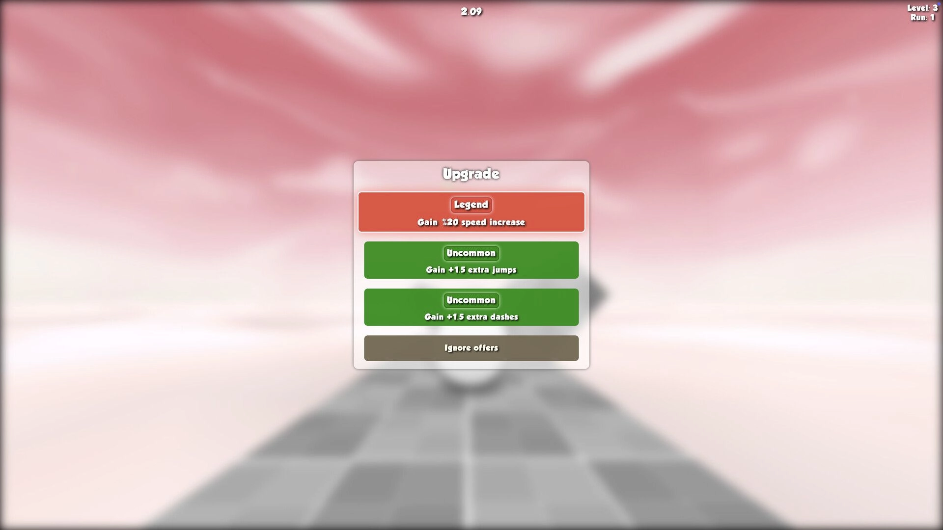 Reflex Run: Upgrade menu with speed, jump, and dash options against a blurred pink sky backdrop