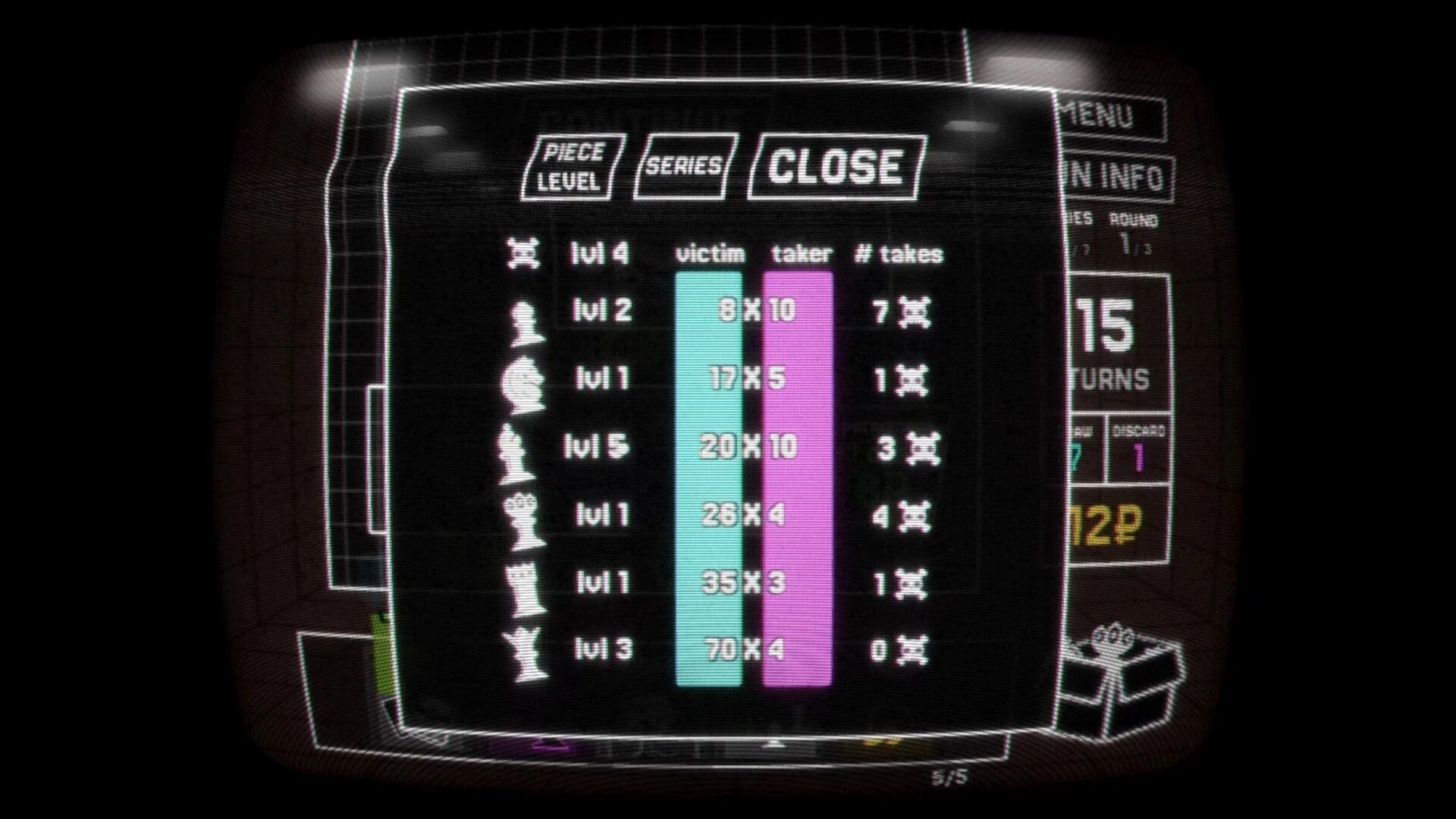 Regicide: Piece level stats panel with victim/taker bars and takes count on a CRT-style UI screen.