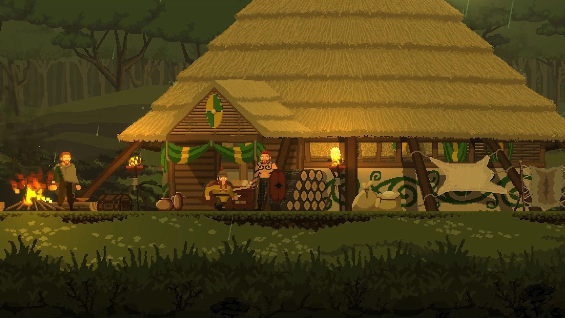 Regions of Ruin: Characters outside a thatched house with torches and campfire in a forest setting