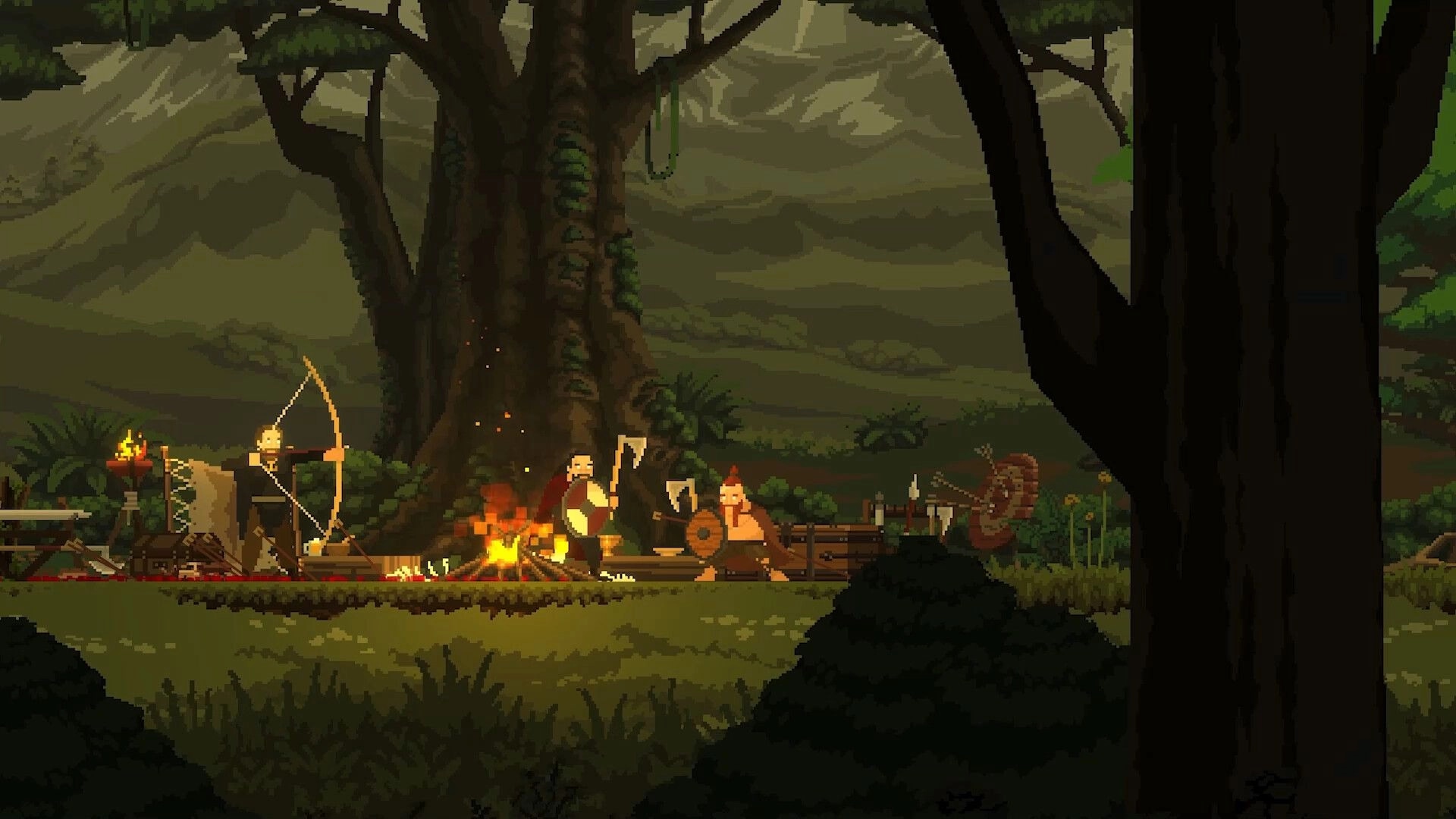 Regions of Ruin: Dwarven camp with archers and warriors by a campfire in a dense woodland setting.