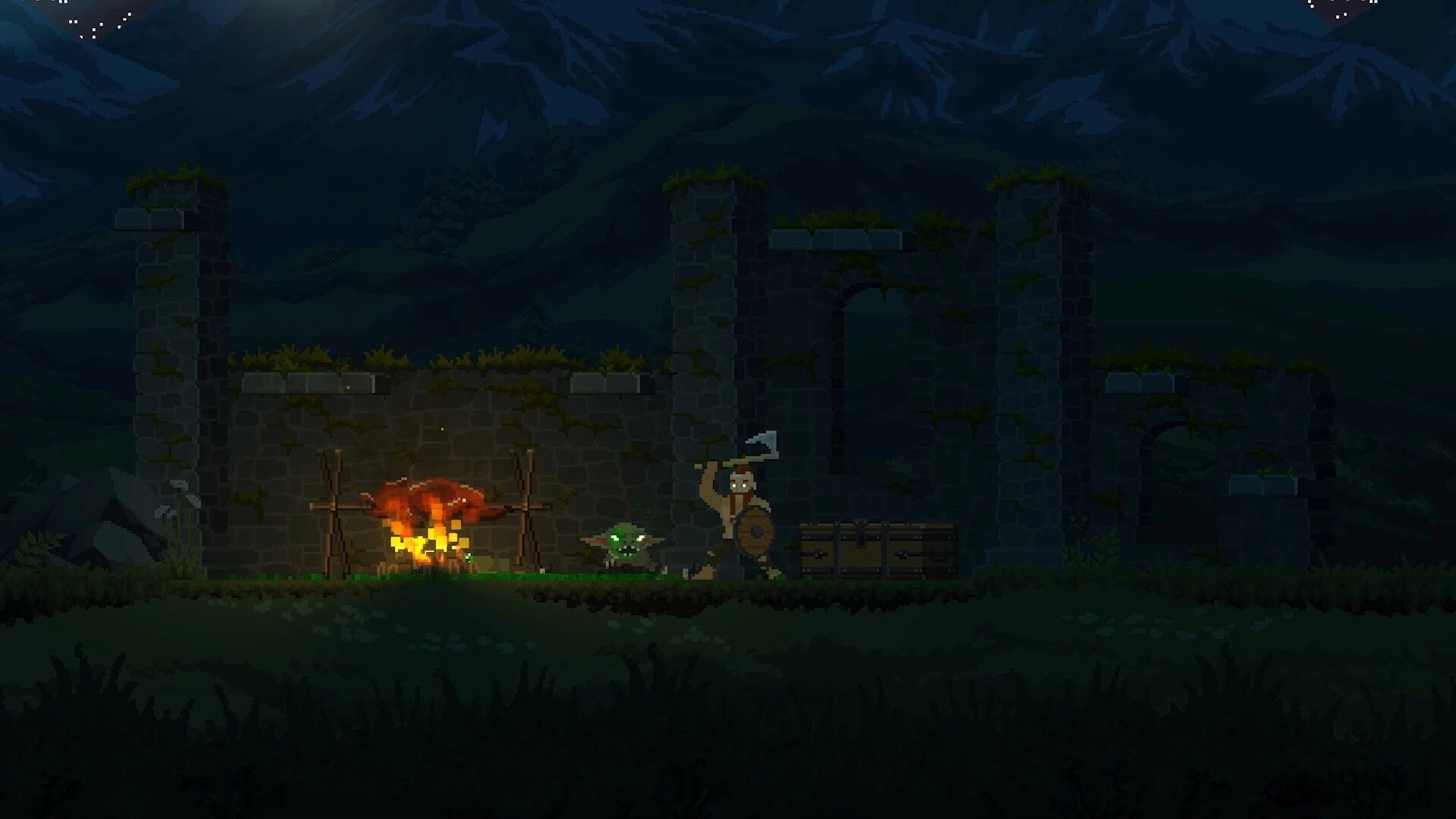 Regions of Ruin: Dwarf character with axe facing goblin by campfire near ruined stone wall at night