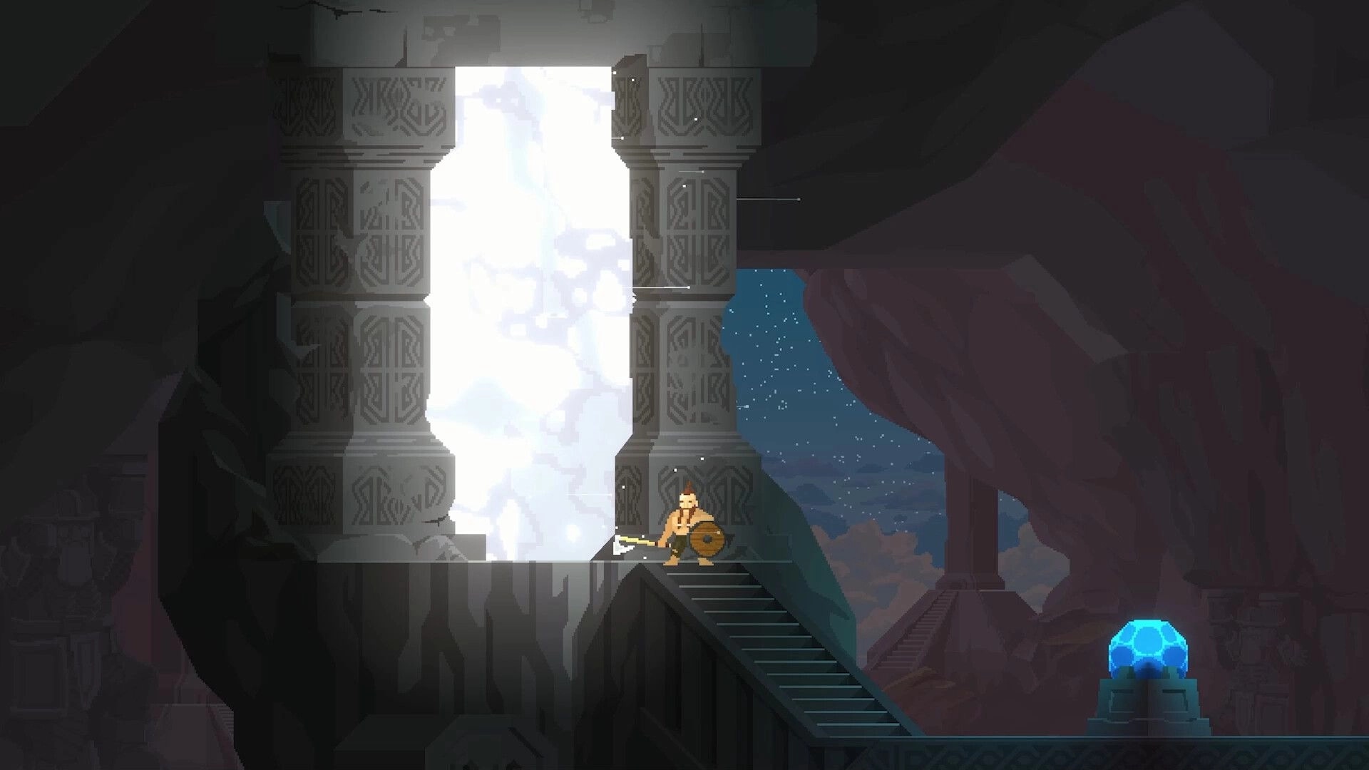Regions of Ruin: Dwarf warrior stands on stone stairs near glowing blue orb in a dimly lit cavern.