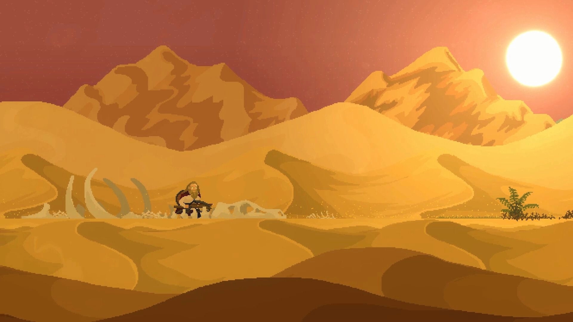 Regions of Ruin: Dwarf explorer traverses vast desert landscape with sunlit dunes and skeletal remains