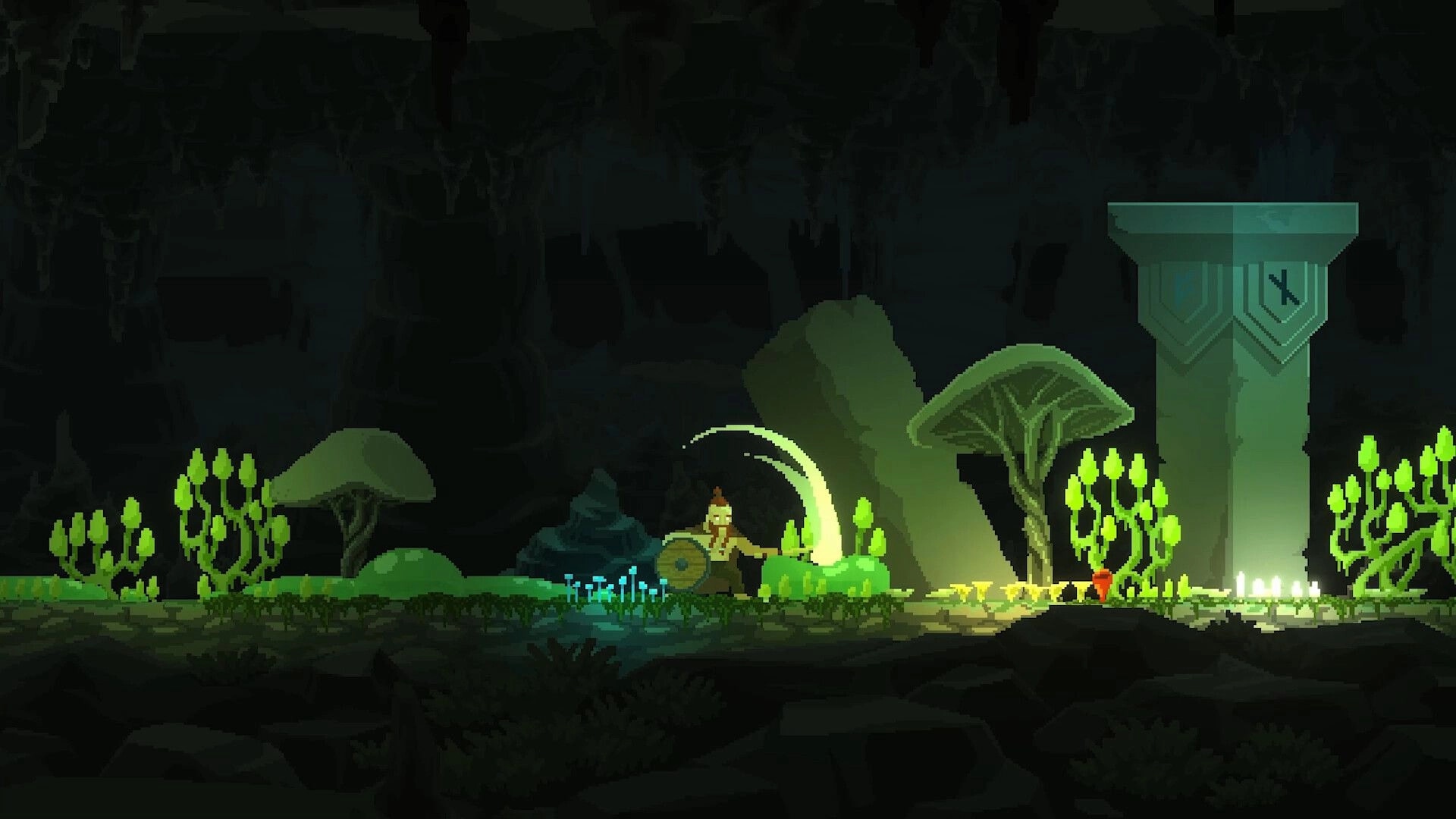 Regions of Ruin: Dwarf warrior battling in a dark cave with glowing mushrooms and a stone pillar nearby.