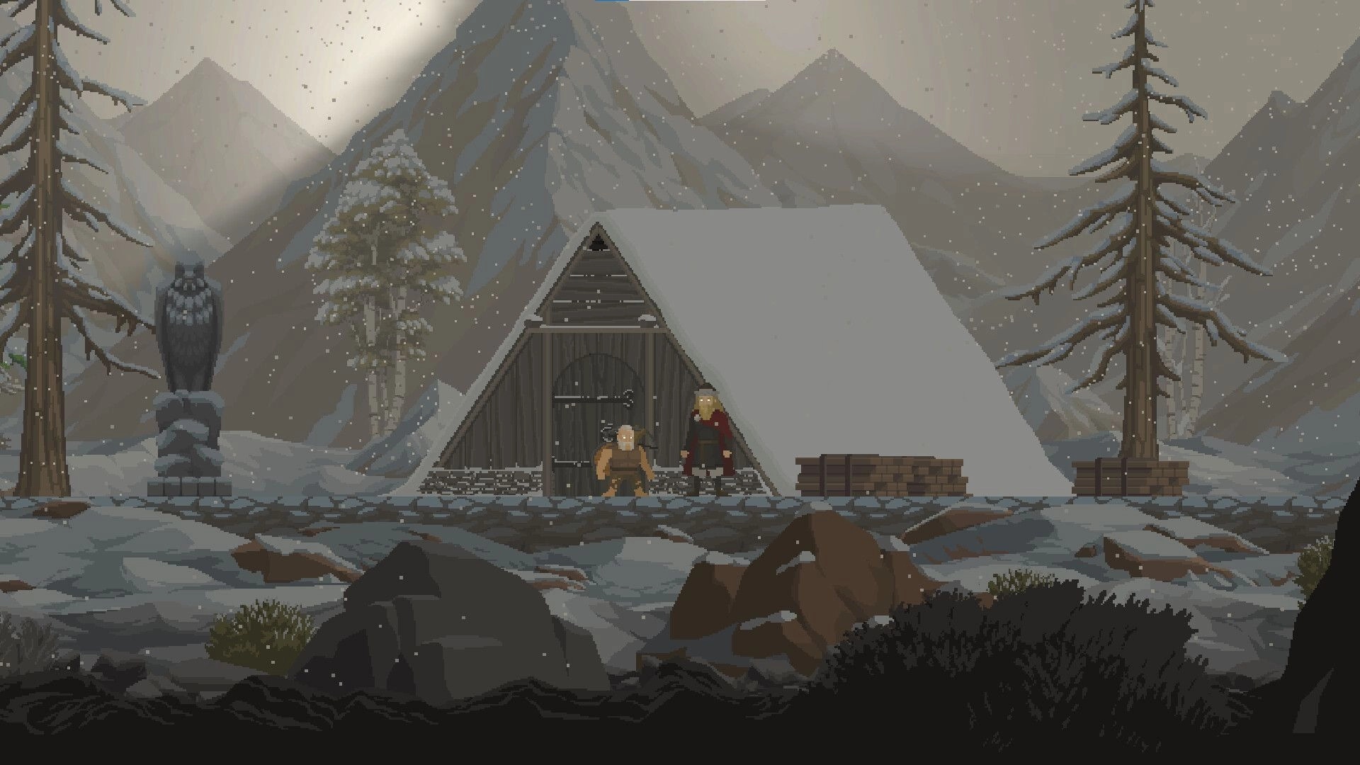 Regions of Ruin: Two dwarves stand by a snow-covered cabin in a mountainous, wintry landscape.