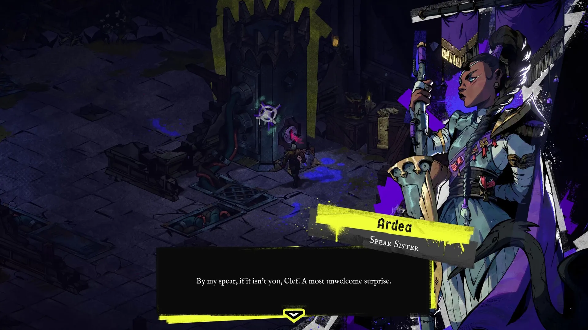 Reignbreaker: Clef encounters Ardea in a dark dungeon with a dialogue box and detailed character art.