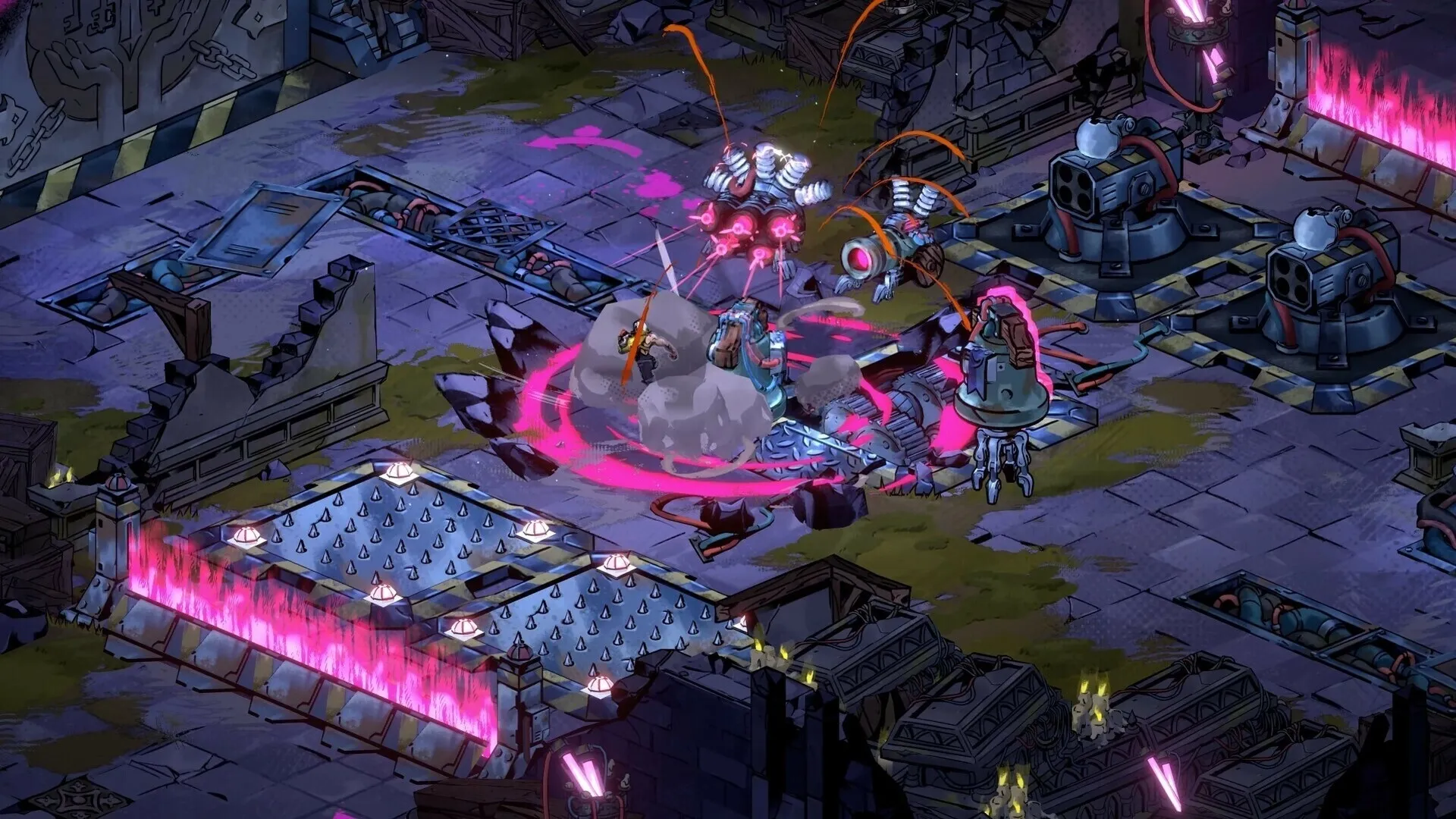 Reignbreaker: Clef battling robotic foes in a ruined industrial arena with neon energy effects