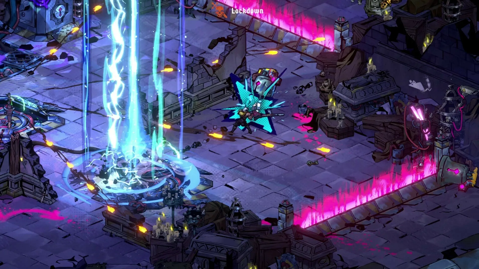 Reignbreaker: Clef battling robots amid glowing pink barriers in a ruined futuristic fortress.
