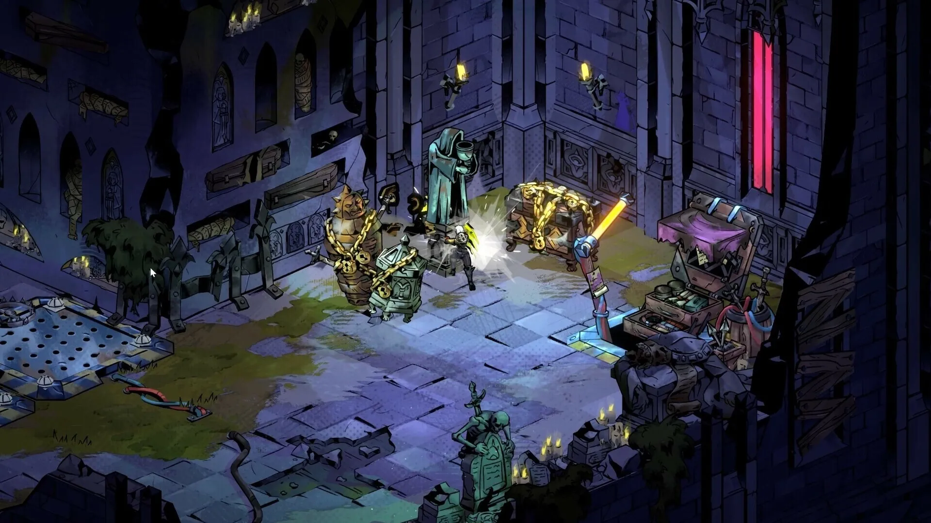 Reignbreaker: Clef breaks chains in a dimly lit dungeon filled with statues and glowing wall torches.