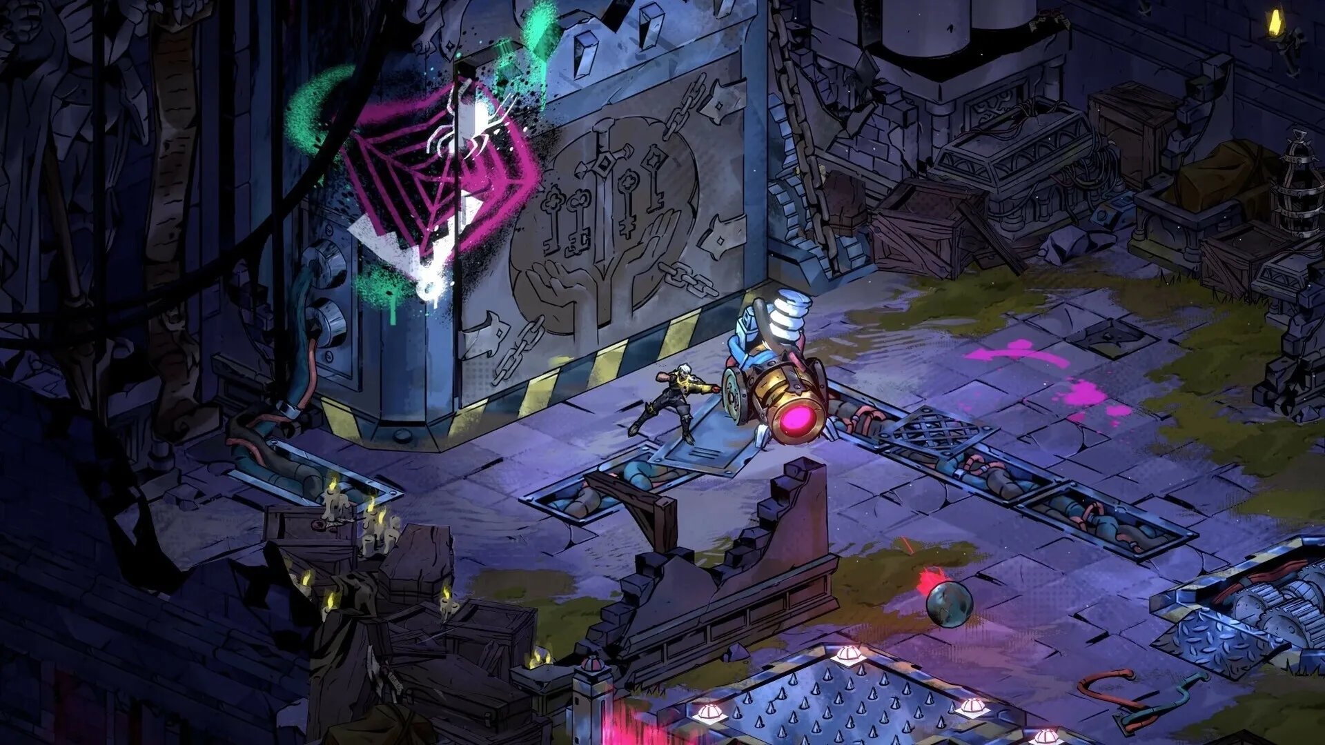 Reignbreaker: Clef activating a large mechanical device in a ruined, dystopian medievalpunk chamber