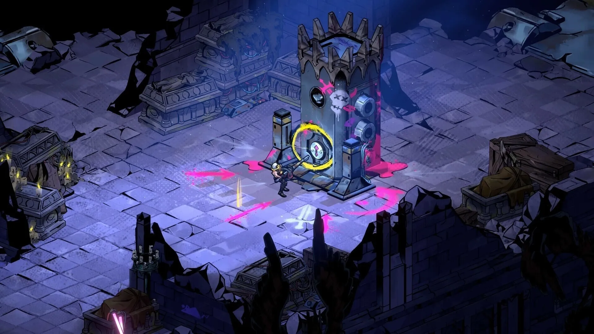 Reignbreaker: Clef interacts with a mysterious device in a dimly lit, ruined medievalpunk chamber.