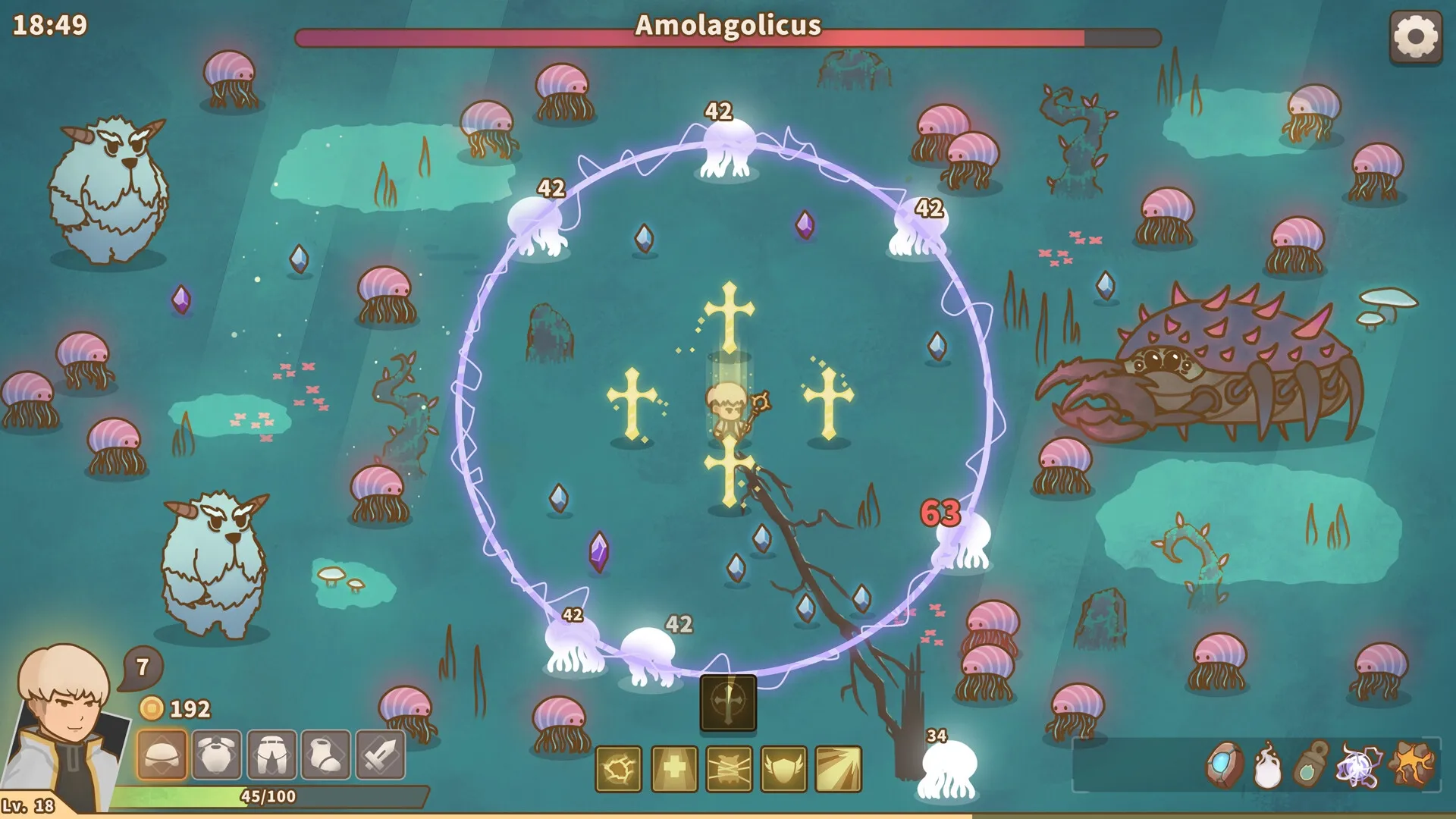 Relic Abyss: Player casting spells against jellyfish enemies and a giant crab in a mystical swamp setting