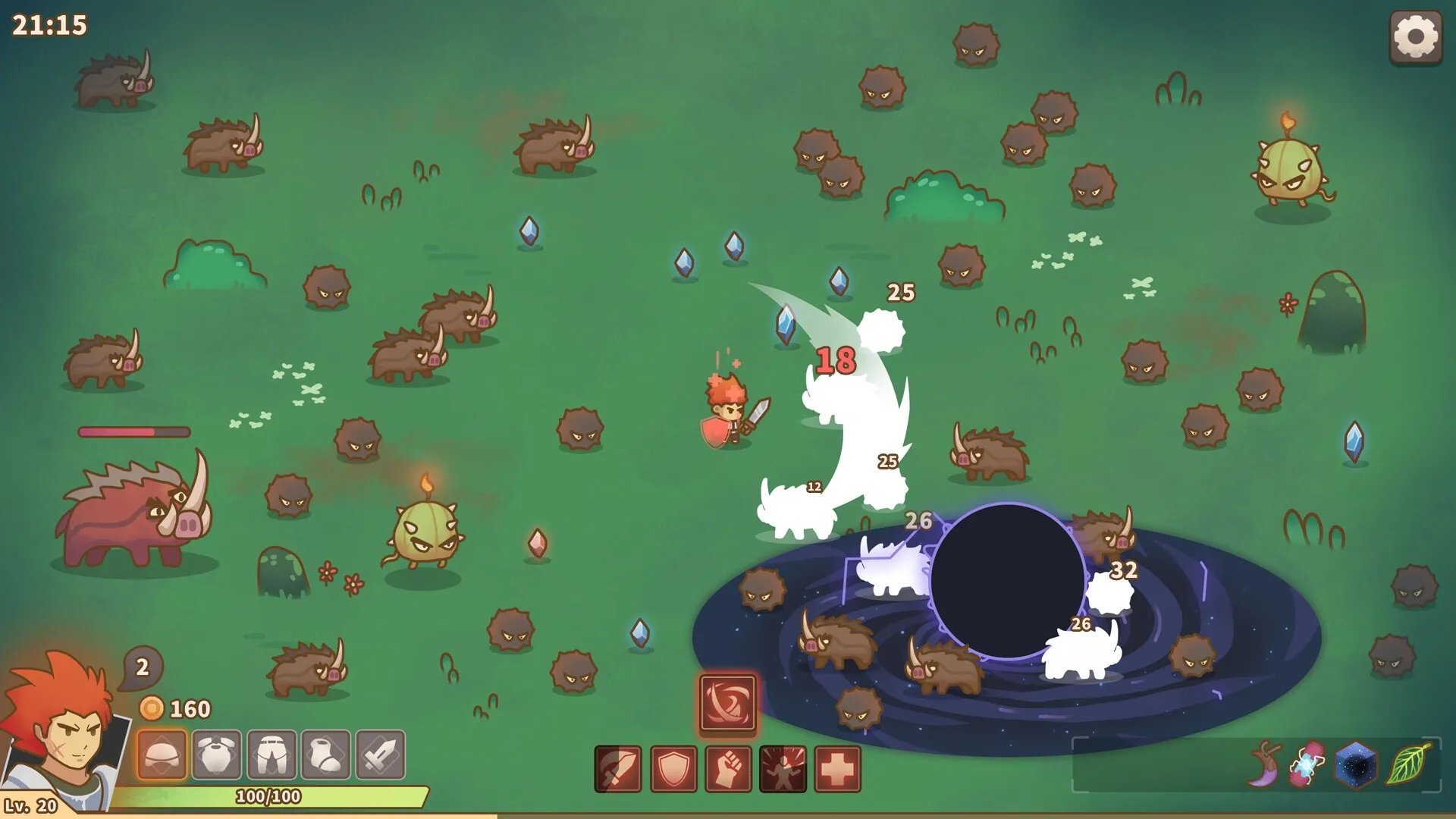 Relic Abyss: Hero battling creatures near a swirling abyss on a grassy field with UI elements visible
