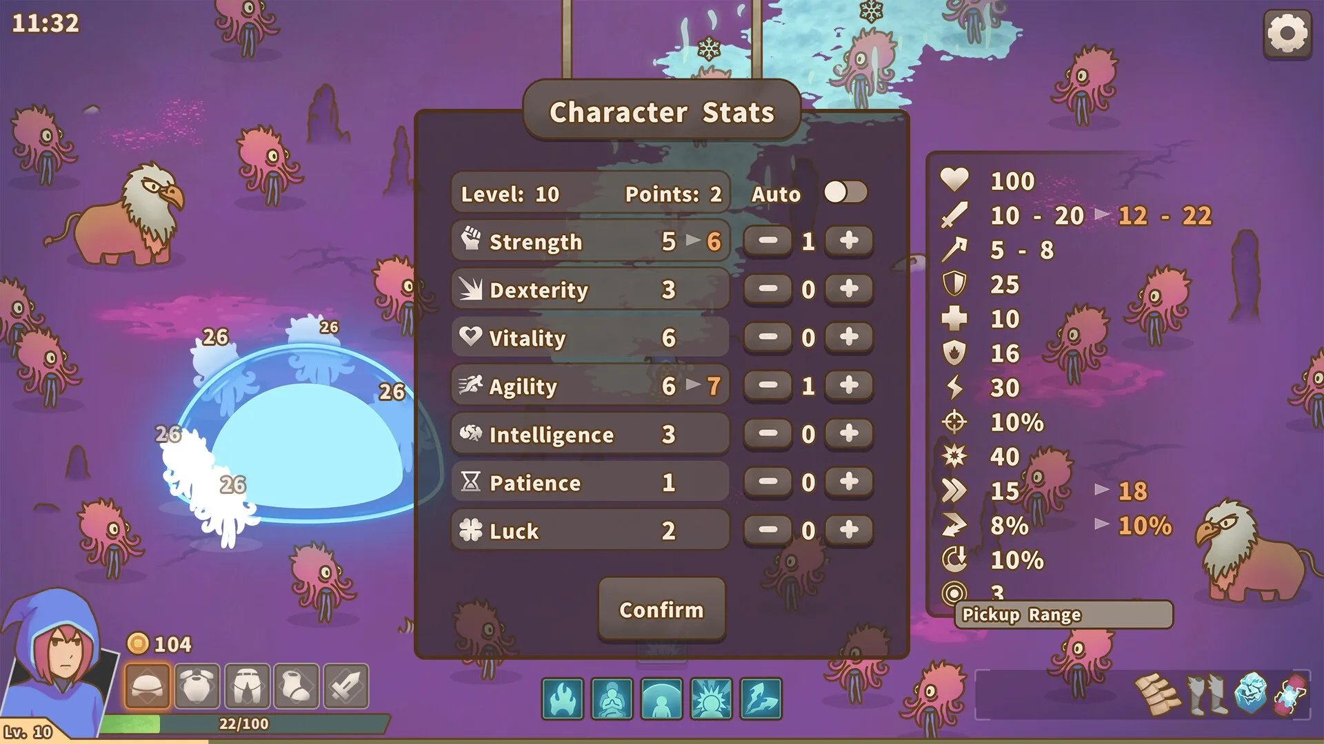 Relic Abyss: Character stats menu with player surrounded by alien creatures in a purple landscape