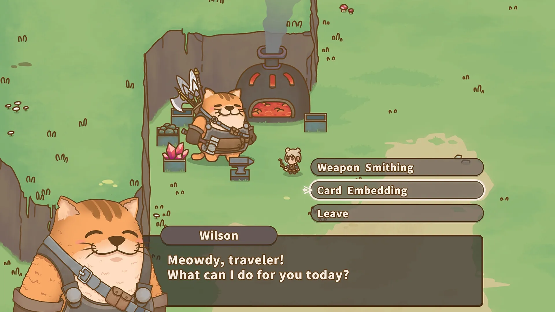 Relic Abyss: Wilson offers weapon smithing and card embedding options in a grassy outdoor area