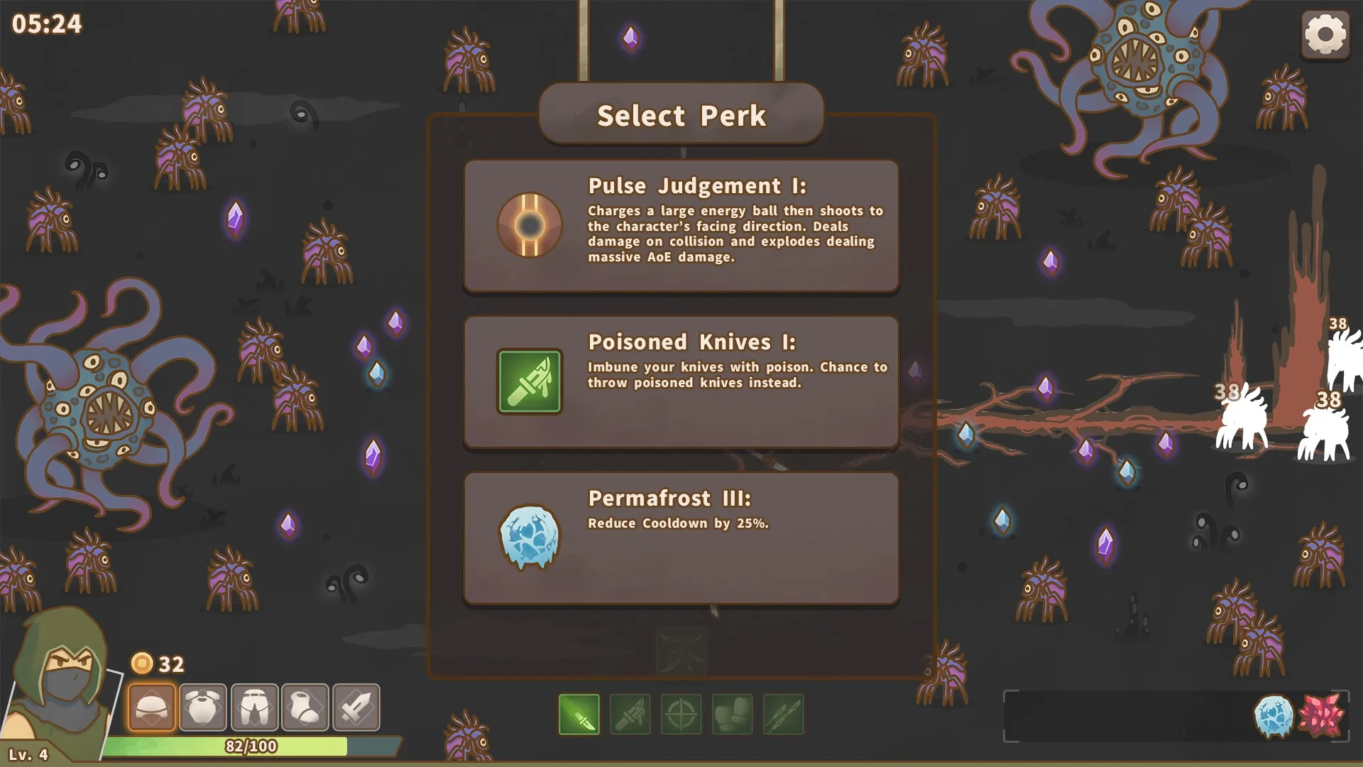 Relic Abyss: Perk selection menu with various upgrade options in a dark, alien-infested landscape