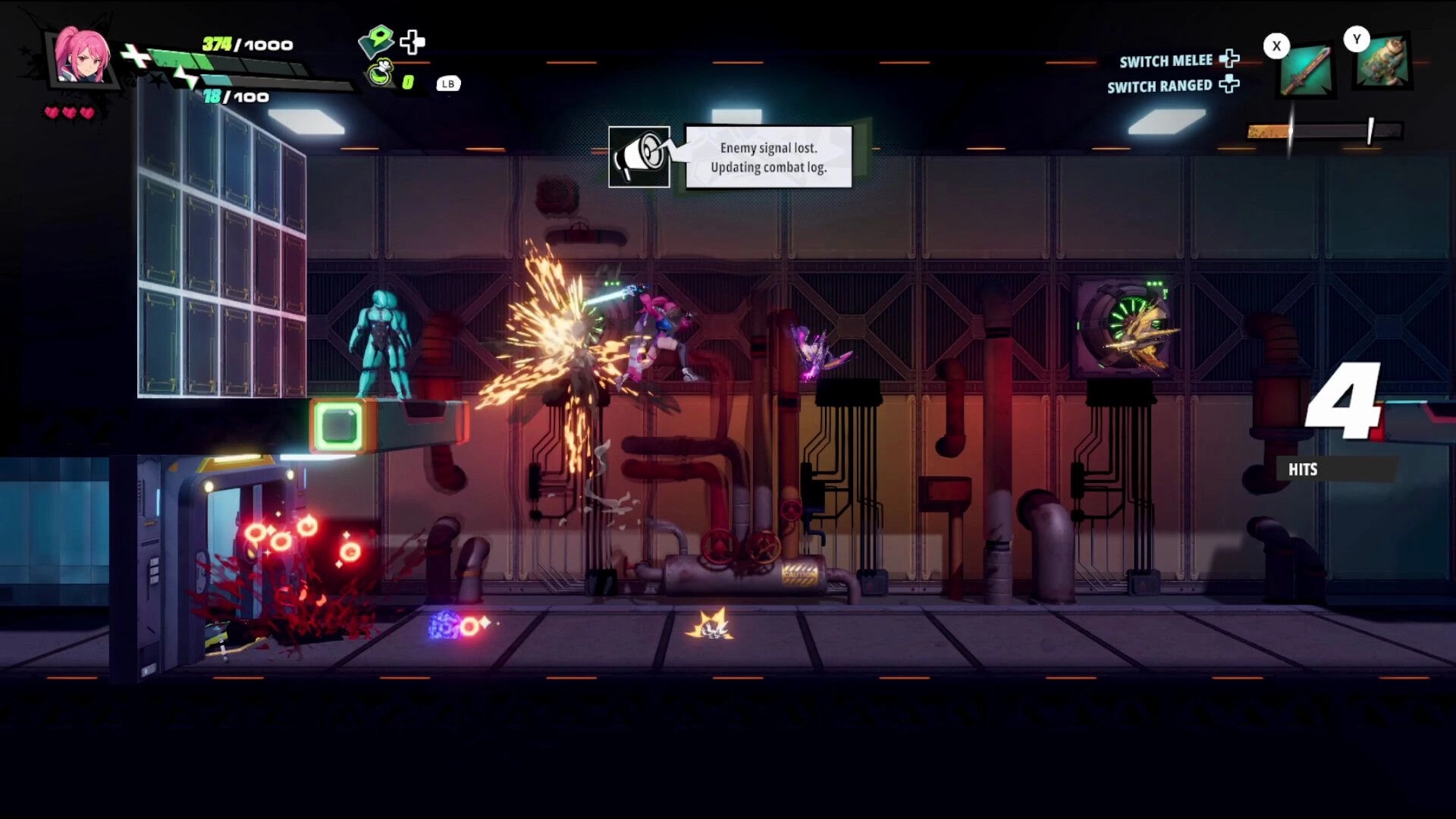 RELOADIAN: Pink-haired fighter lands a 4-hit combo in an industrial corridor with HUD and weapon swap UI.