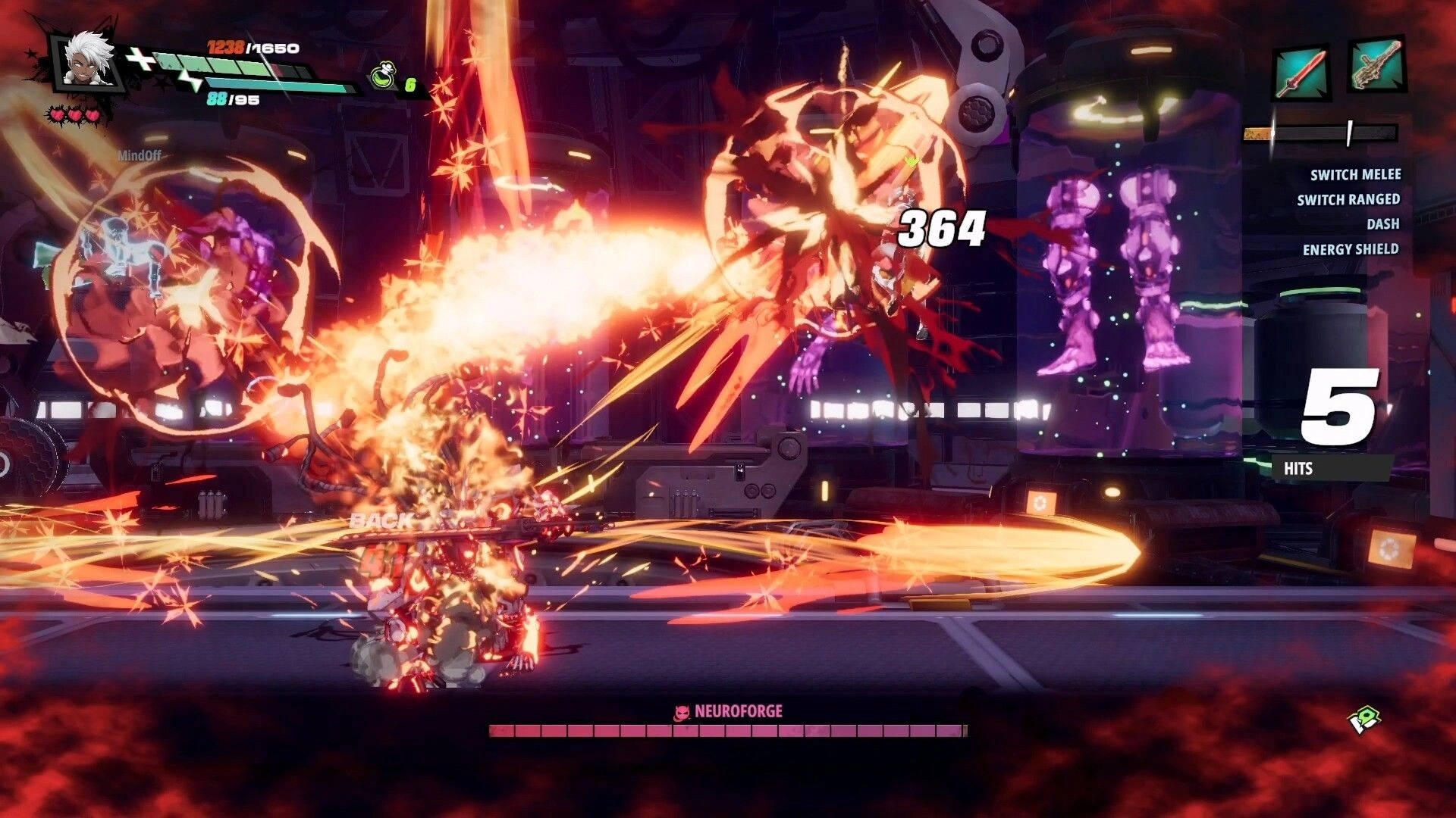 RELOADIAN: Player unleashes fiery slash combo on enemies in lab arena, Neuroforge boss bar and HUD visible.