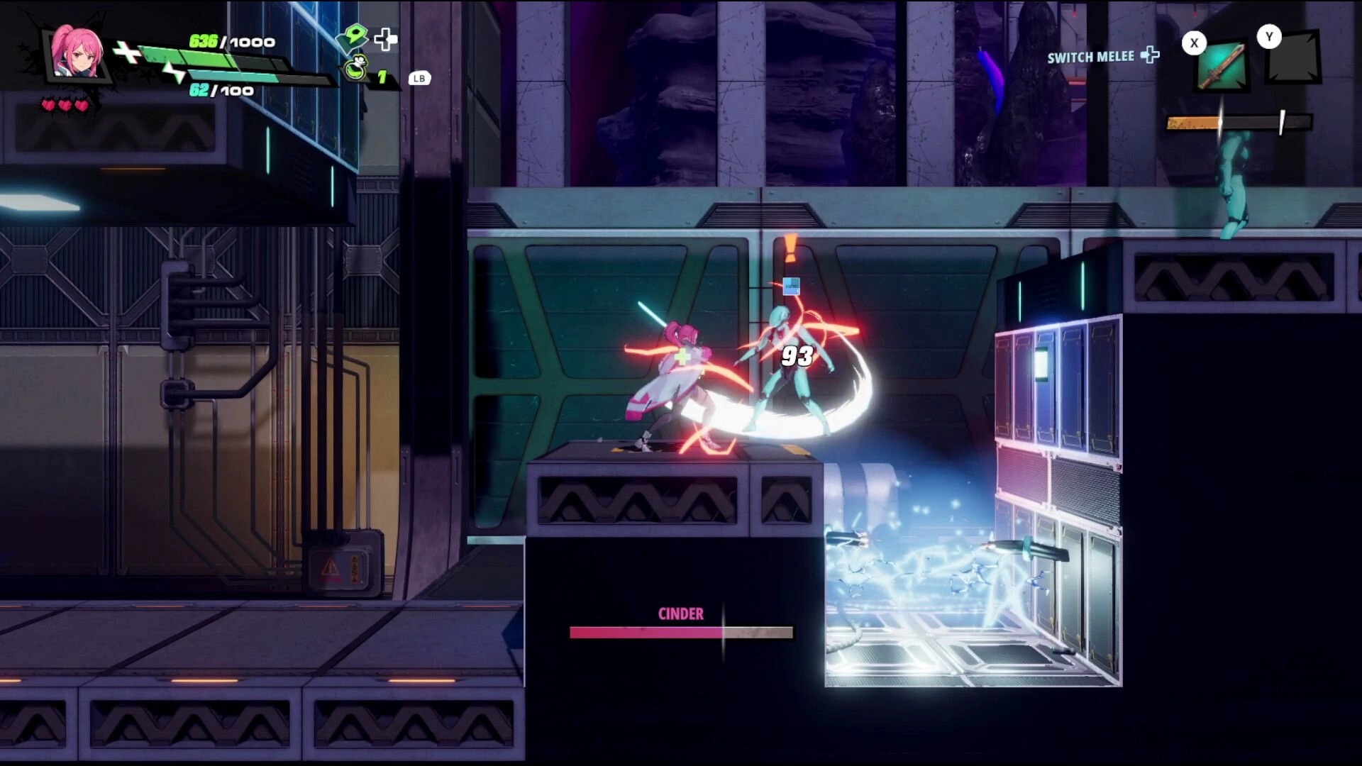 RELOADIAN: Pink-haired fighter slashes enemy for 93 damage in sci-fi facility, CINDER boss bar UI.