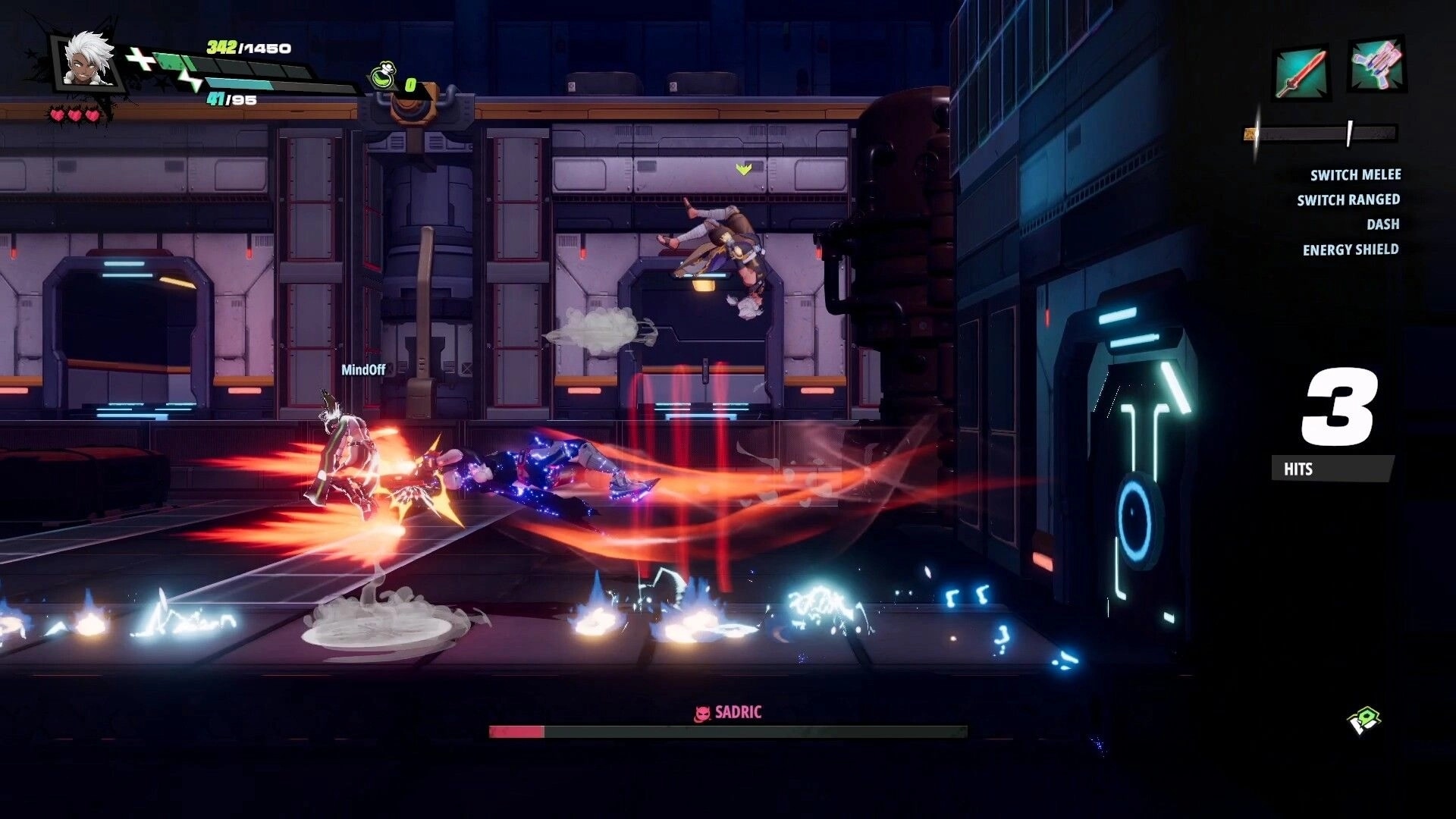 RELOADIAN: Player dashes into enemy with red slash trail in sci-fi corridor, combo counter at 3 hits.