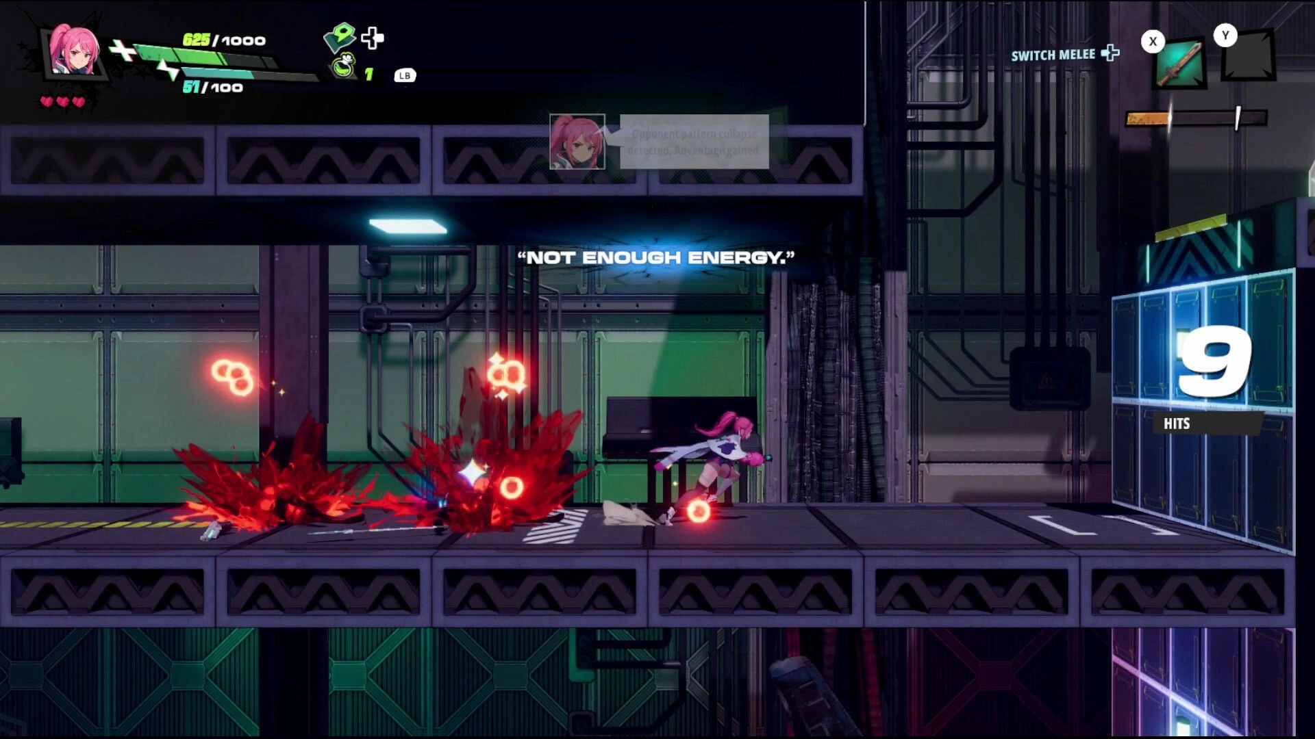 RELOADIAN: Pink-haired fighter dashes past red blasts, “NOT ENOUGH ENERGY” in a sci-fi corridor UI.