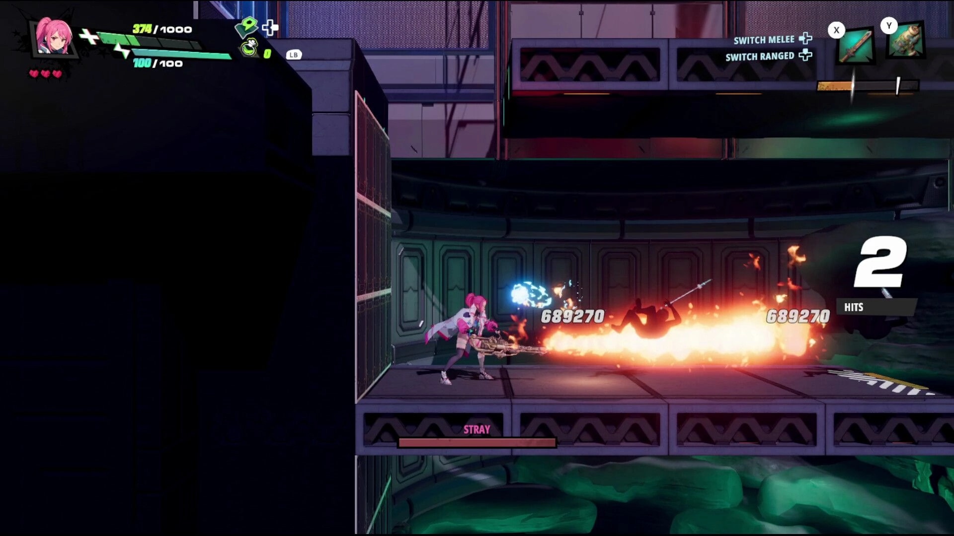 RELOADIAN: Pink-haired fighter blasts flamethrower at enemy in metallic corridor, 2-hit combo UI.
