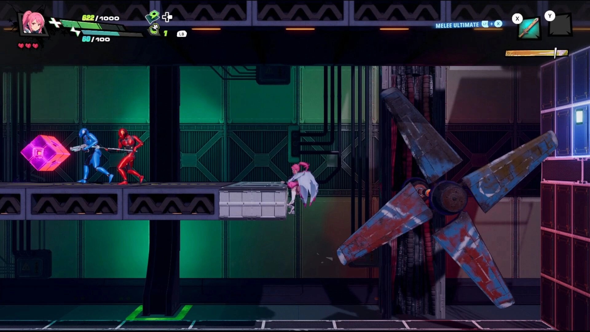 RELOADIAN: Pink-haired hero hangs from ledge as two rifle enemies patrol a sci-fi corridor with fan UI.