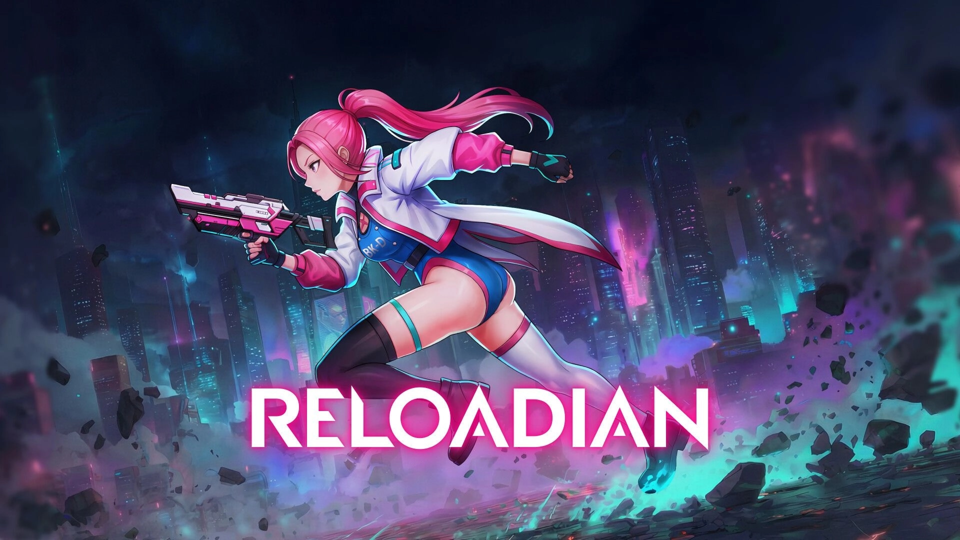 RELOADIAN: Pink-haired heroine dashes with a sci-fi rifle through a neon futuristic city backdrop.