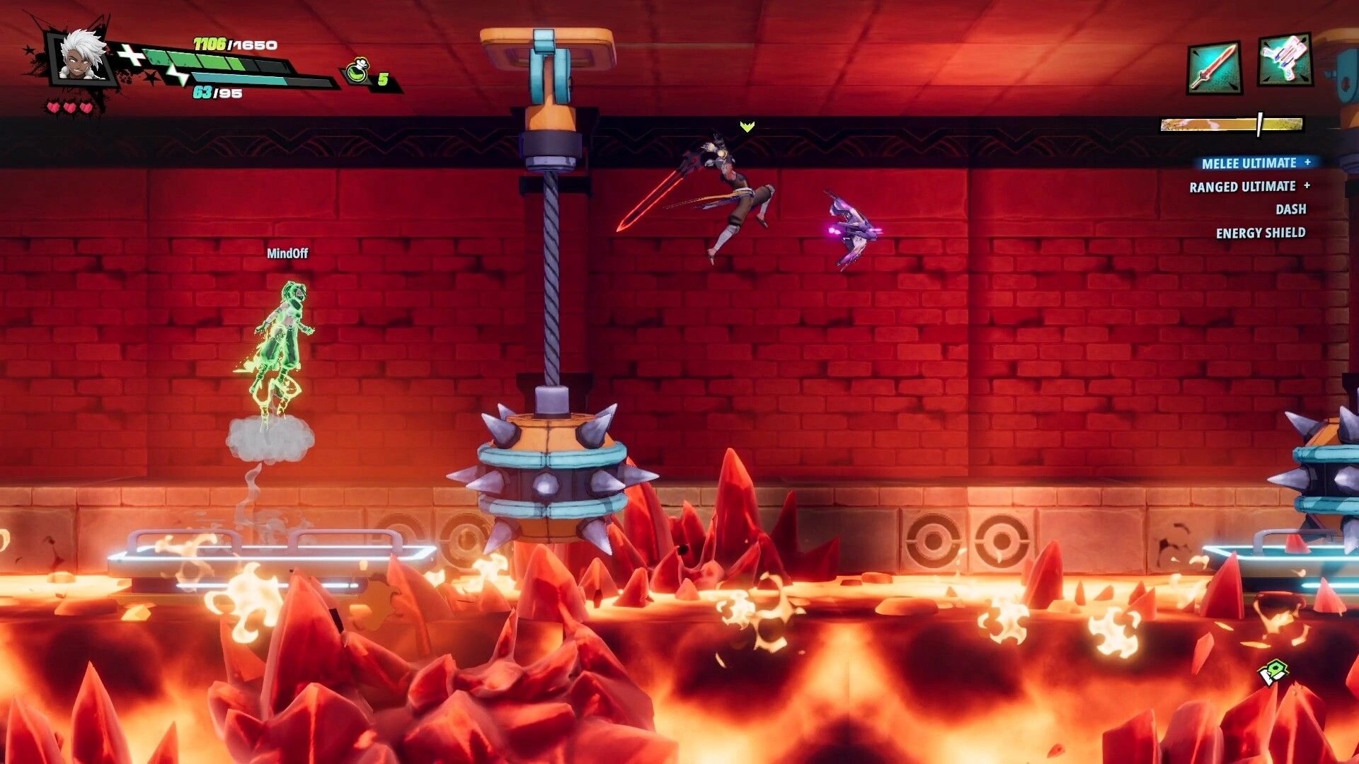 RELOADIAN: Co-op hero leaps with red blade over lava spikes, HUD bars and ability list in brick hall.