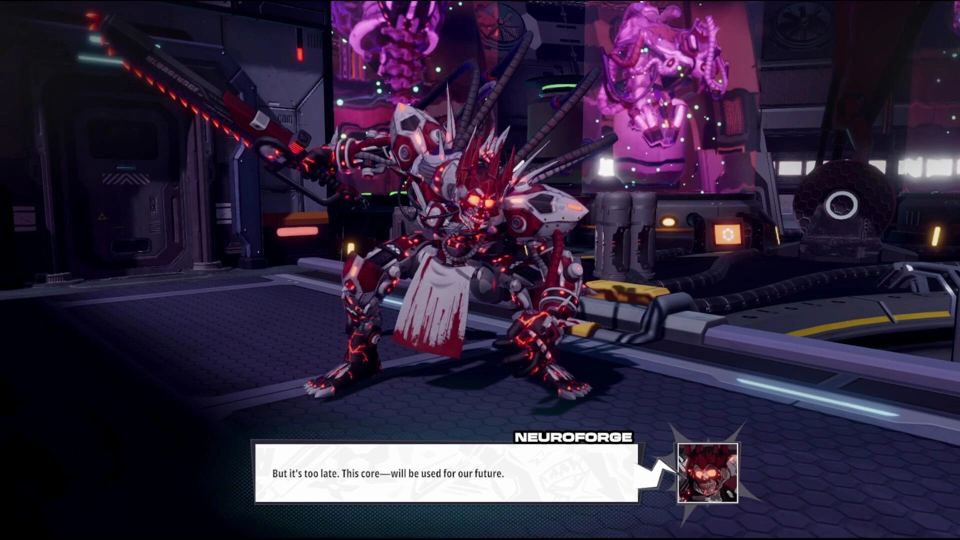 RELOADIAN: Neuroforge boss poses with glowing sword in sci-fi lab, dialogue box and portrait UI below.