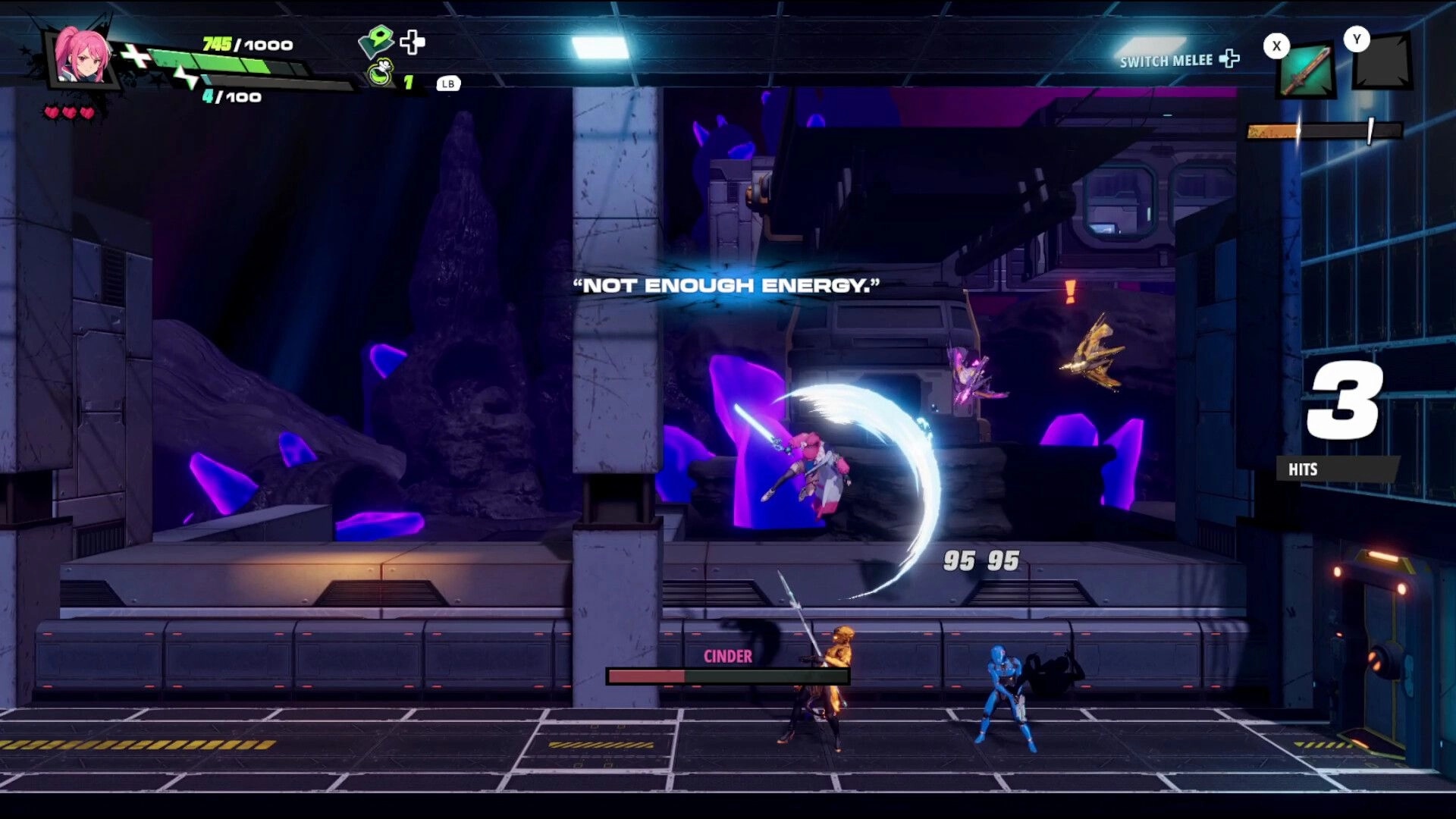 RELOADIAN: Pink-haired fighter slashes midair as “NOT ENOUGH ENERGY” flashes in neon lab stage.