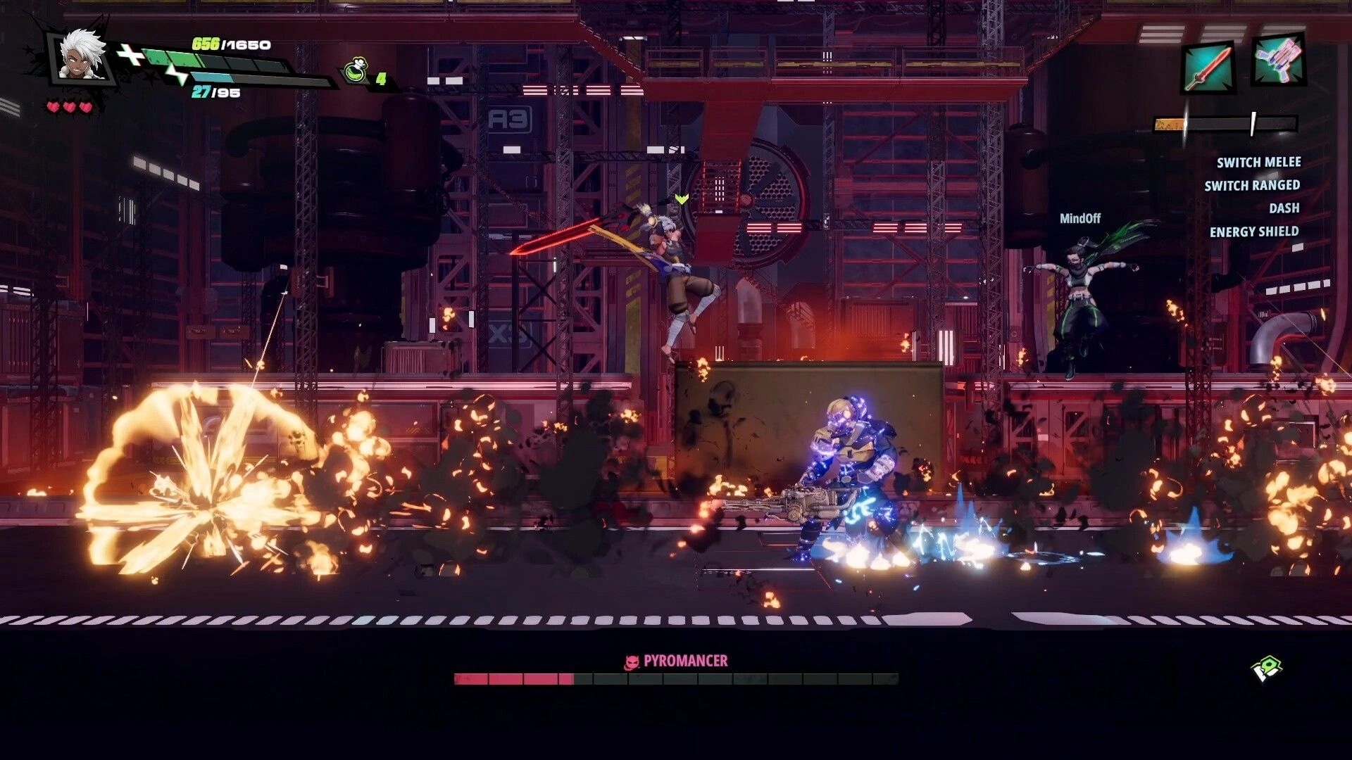 RELOADIAN: Hero leaps with red blade as explosions hit Pyromancer boss in a factory arena UI.