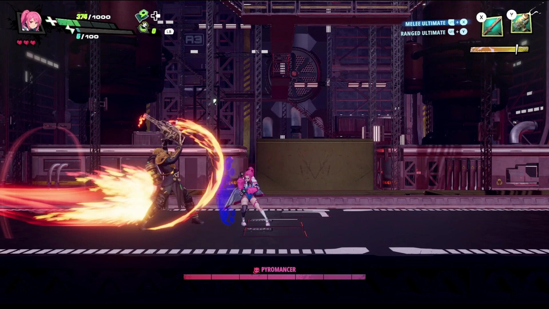 RELOADIAN: Pink-haired fighter dodges a flaming scythe swing from Pyromancer in industrial arena stage.