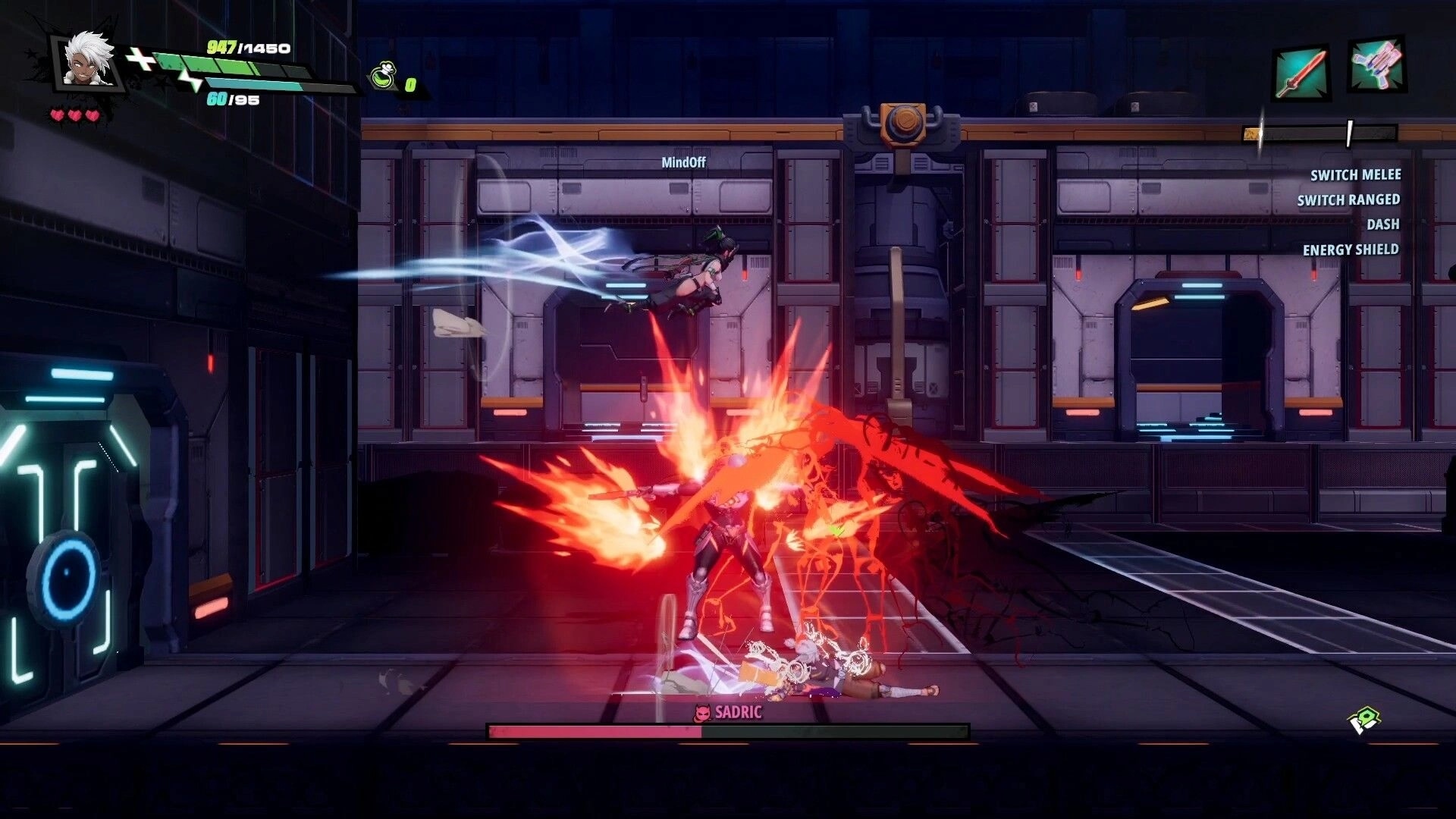 RELOADIAN: Player slashes boss Sadric amid red explosions in a sci-fi corridor with health and skill UI.