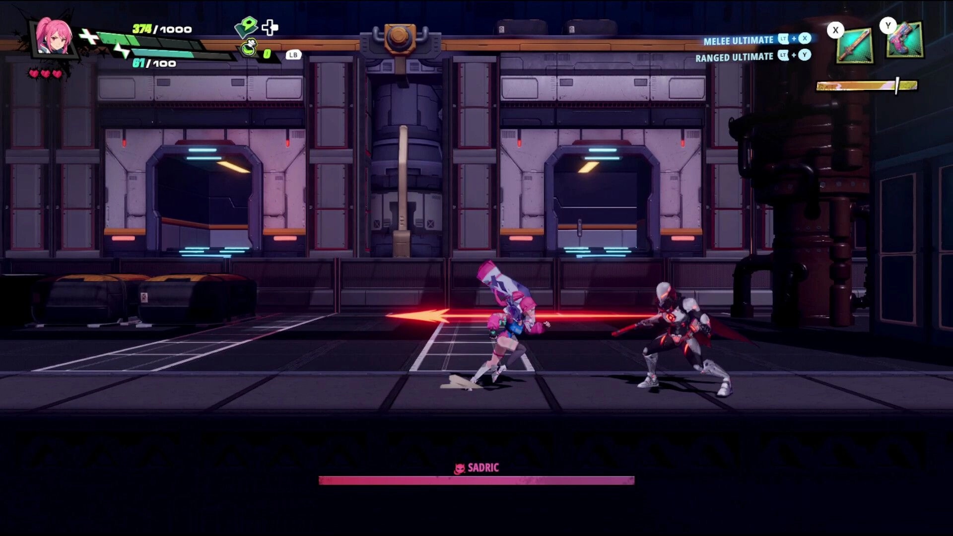 RELOADIAN: Pink-haired fighter swings a huge hammer at Sadric boss in a sci-fi corridor arena UI visible.