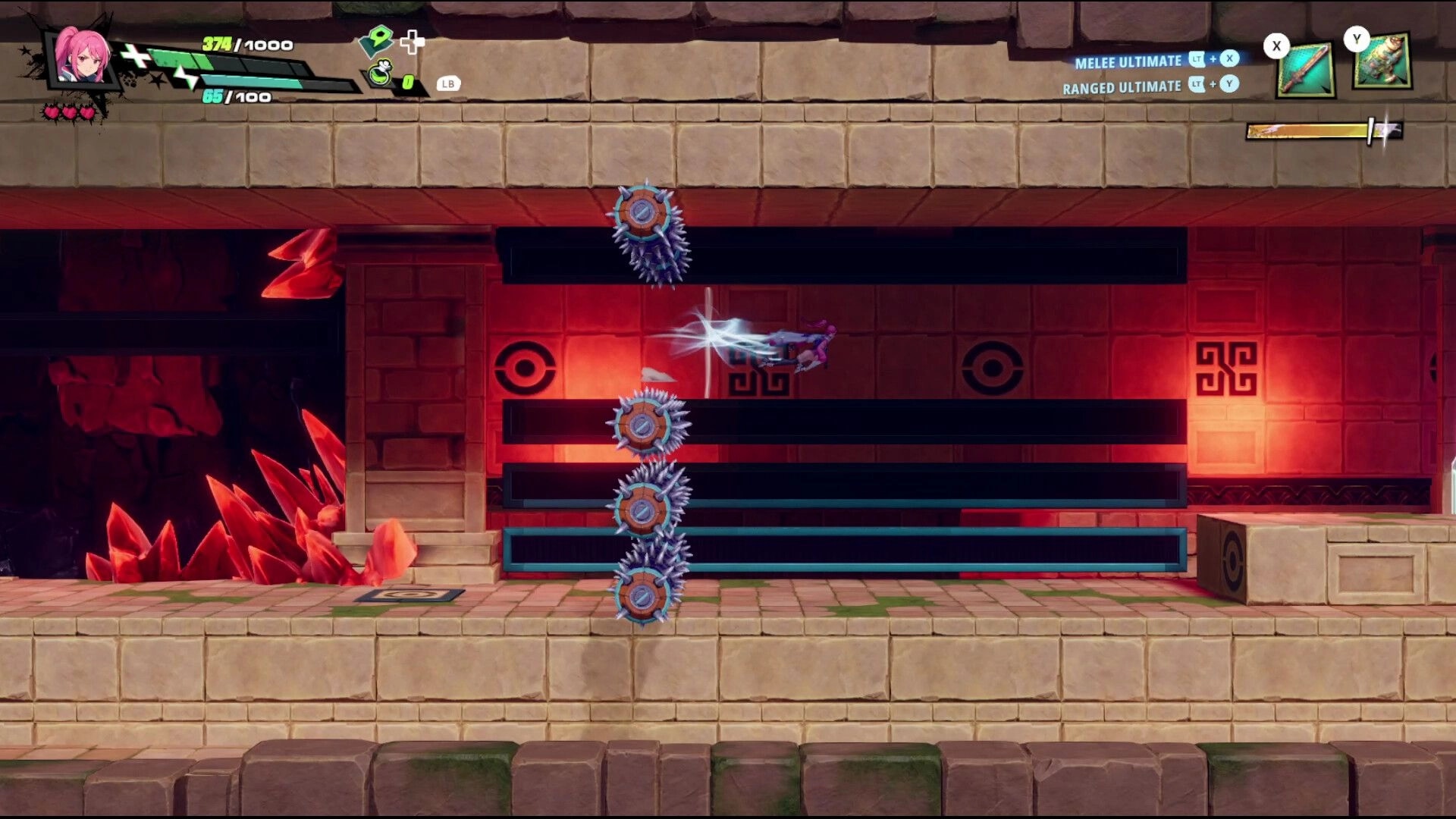 RELOADIAN: Pink-haired hero dashes past spinning saw traps in red temple corridor with HUD bars.