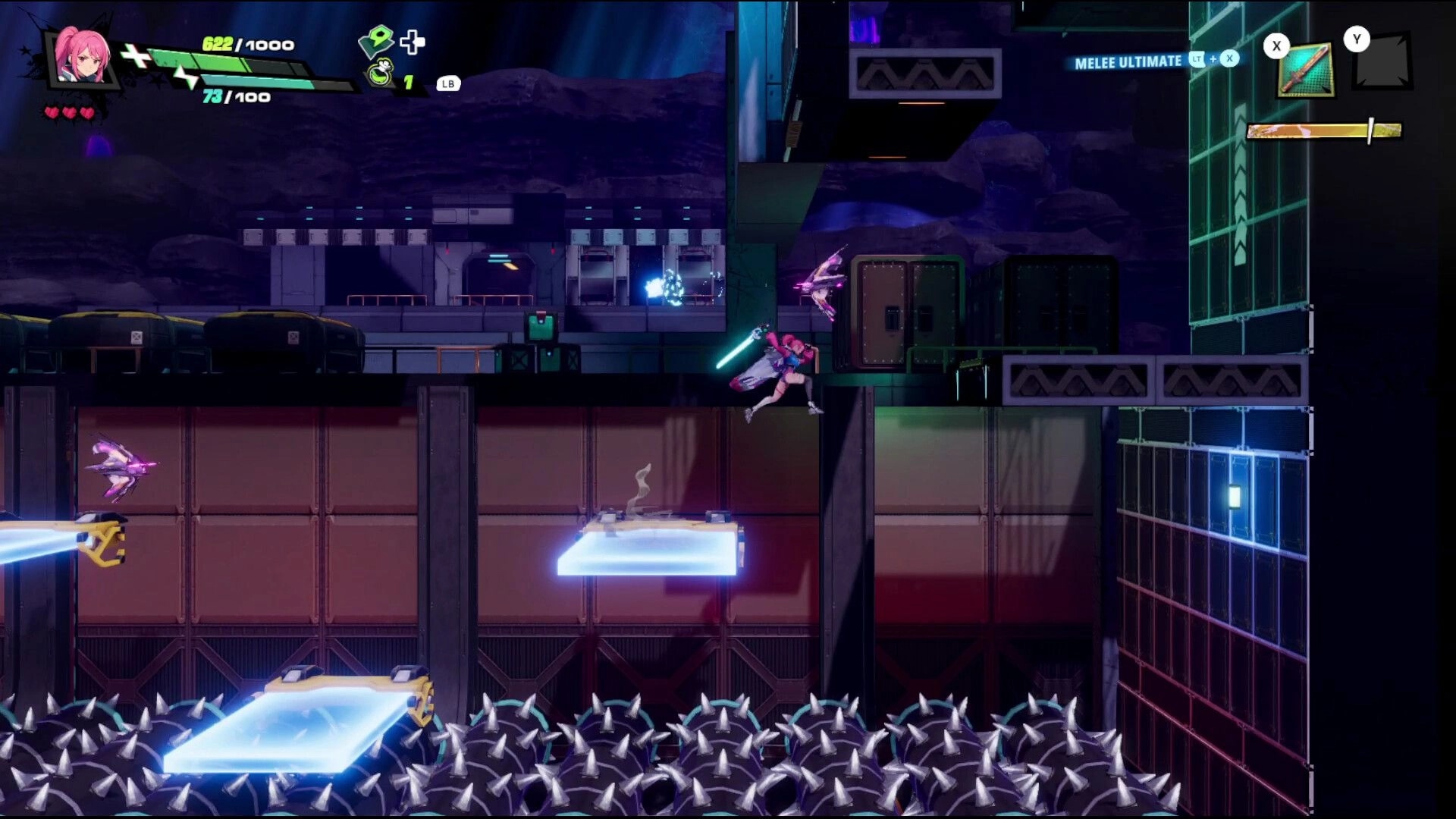 RELOADIAN: Pink-haired fighter slashes with glowing blade over spike pit in neon sci-fi facility UI HUD.